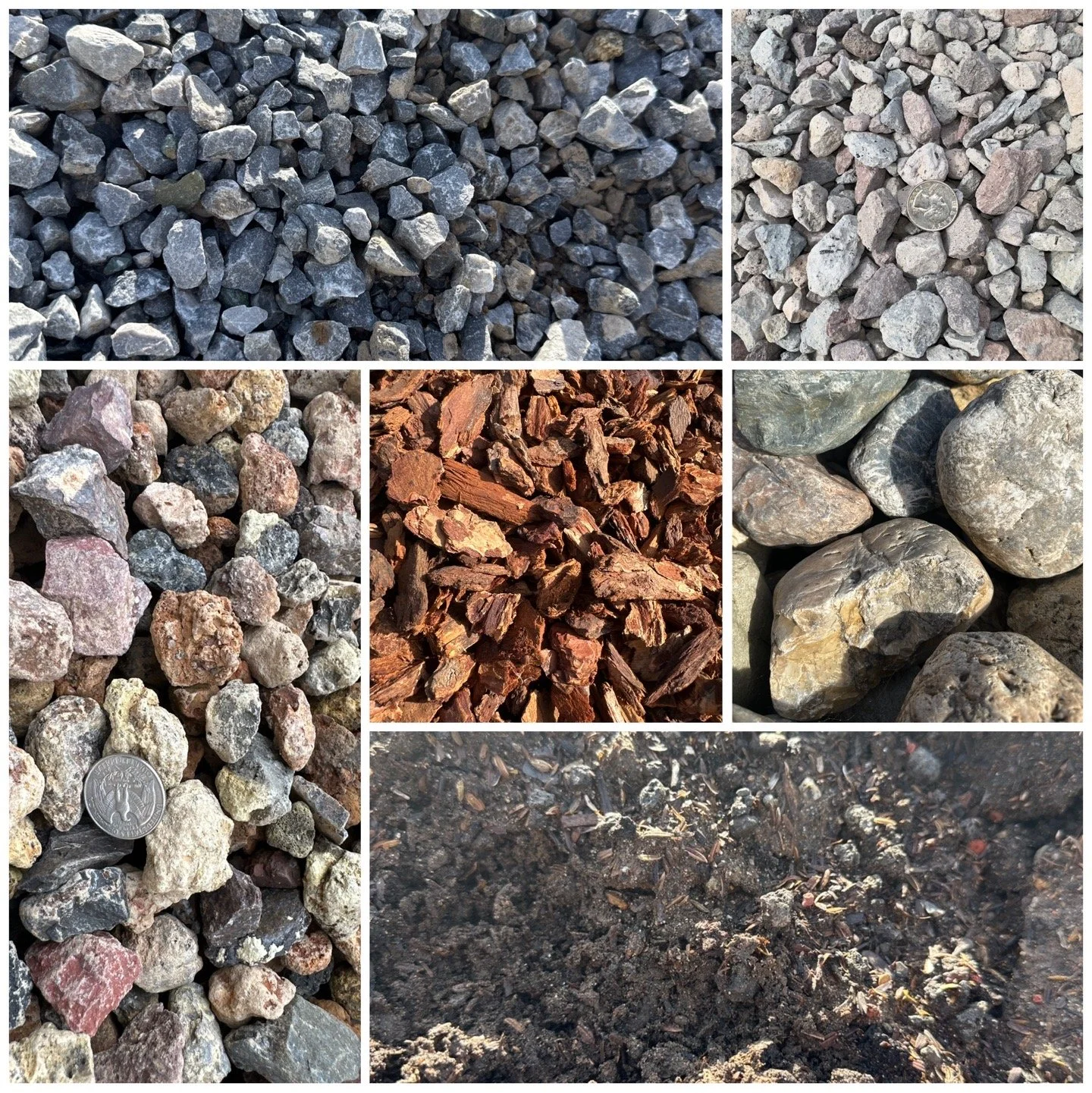 A collage of six different types of gravel and soil, including small gray and brown rocks, medium-sized multicolored rocks, reddish bark-like gravel, large smooth rocks, multicolored rocks with a quarter for size comparison, and dark soil with decomposed organic matter.