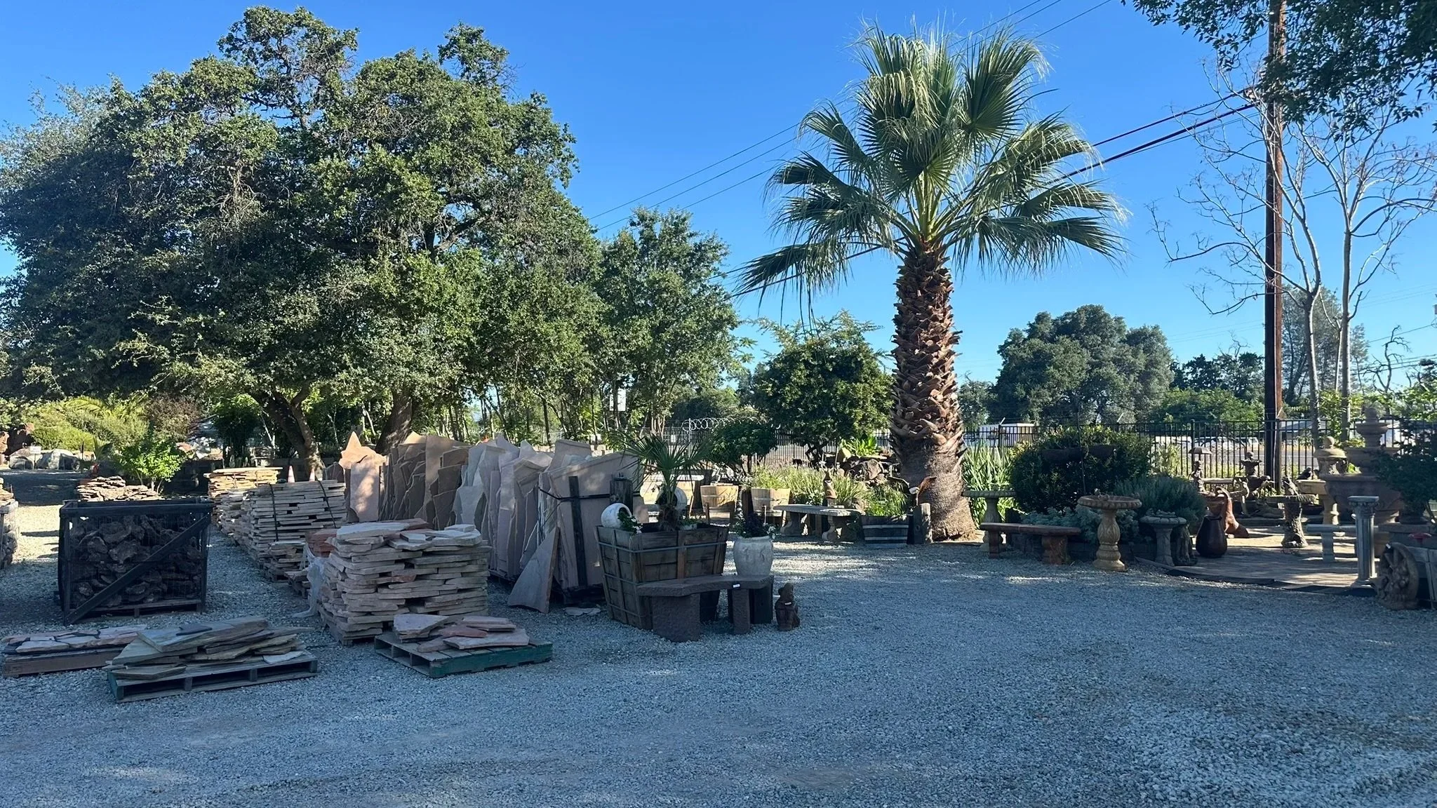 Outdoor scene at a garden or nursery with a variety of trees, including a tall palm tree, and stacks of stone and bricks. There are also decorative pots and garden ornaments, a black metal fence, and utility power lines against a clear blue sky.