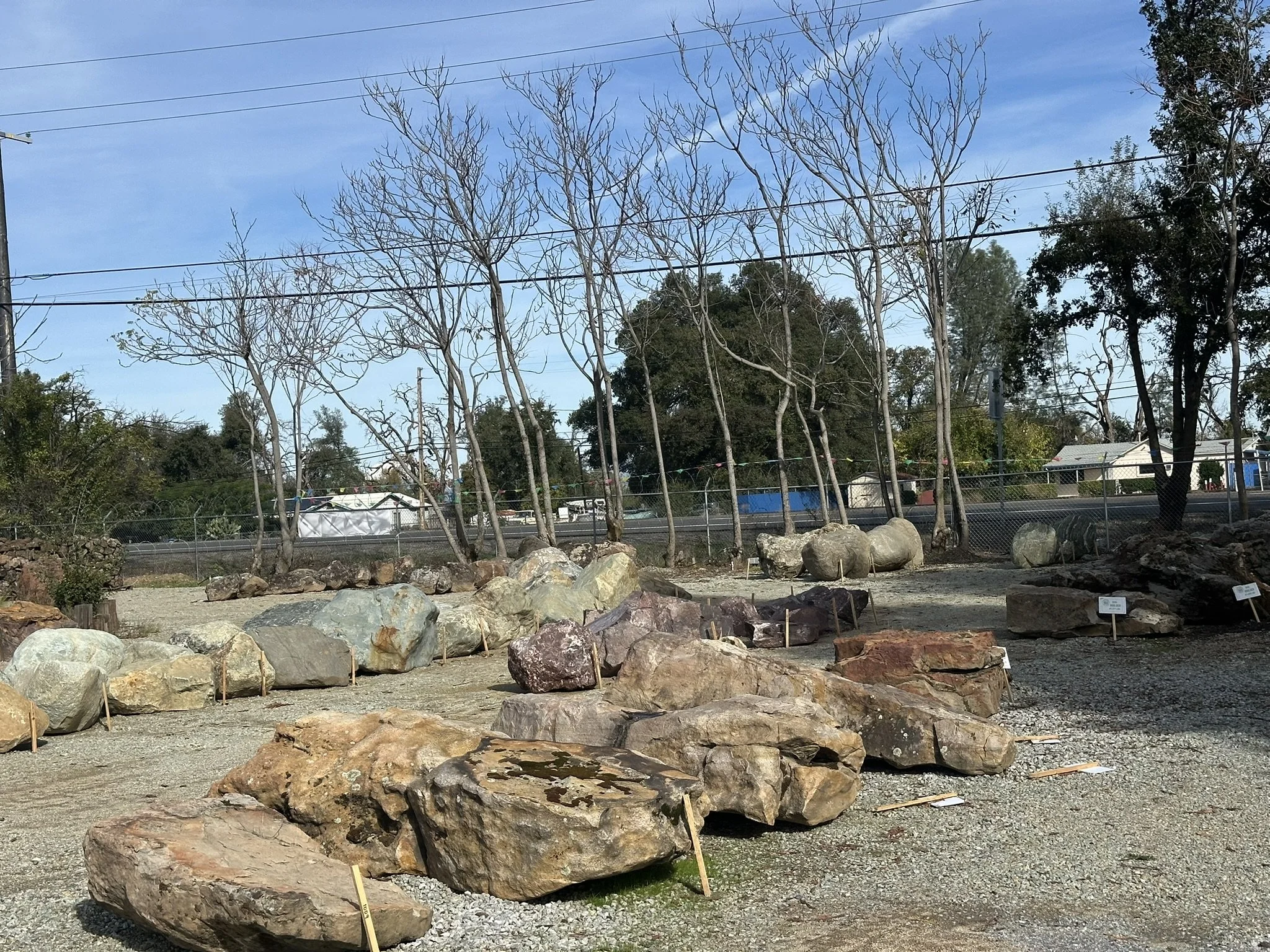 Rock garden with large rocks and leafless trees behind a chain-link fence, under a partly cloudy sky.