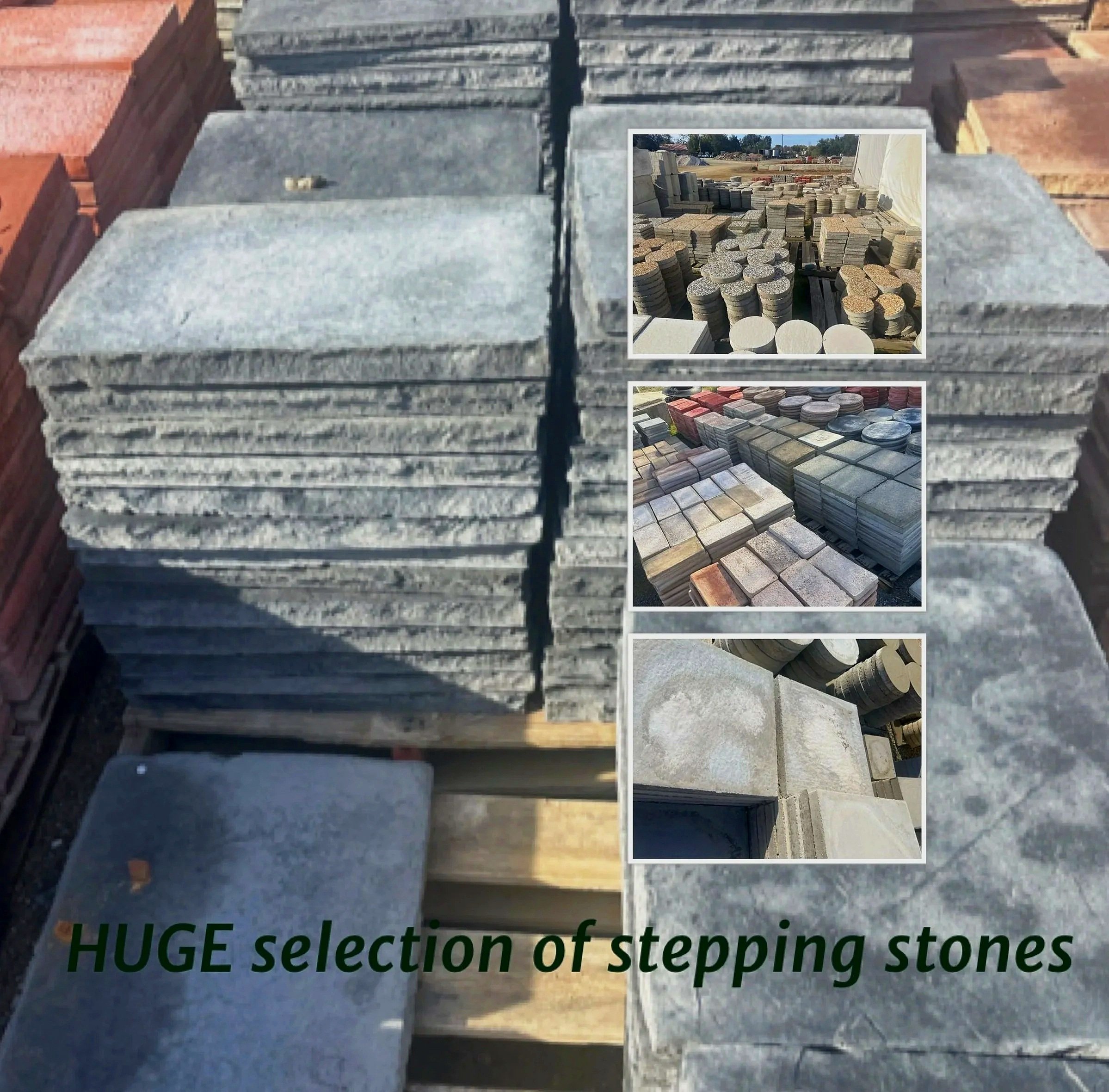 Stacks of various types of stepping stones and pavers arranged outdoors at a stone supplier. The stones include rectangular, circular, and square shapes in different colors such as gray, beige, and red, with some positioned in front of others and some stacked.