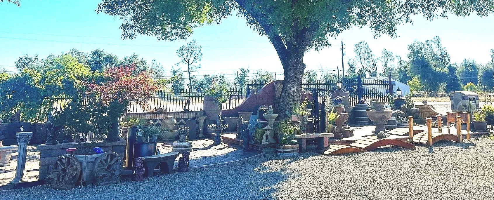 A garden display with various potted plants, garden statues, and a small wooden bridge. Overarching tree provides shade, and a tall fence and utility poles are in the background.