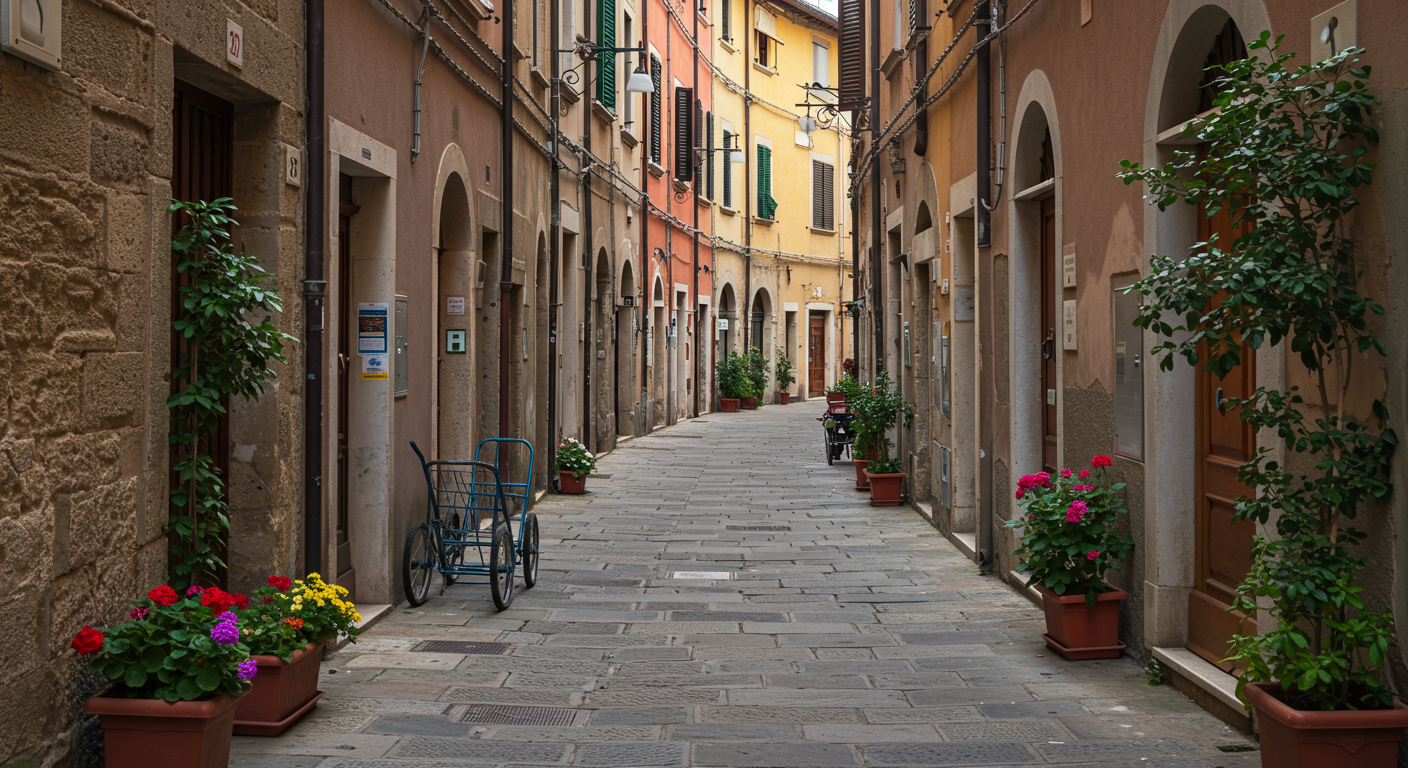 A narrow European-style street with stone pavement, lined with colorful buildings, potted flowers, and bicycles.