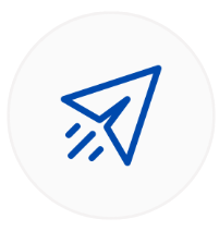 A blue paper airplane icon with motion lines on a white circular background.
