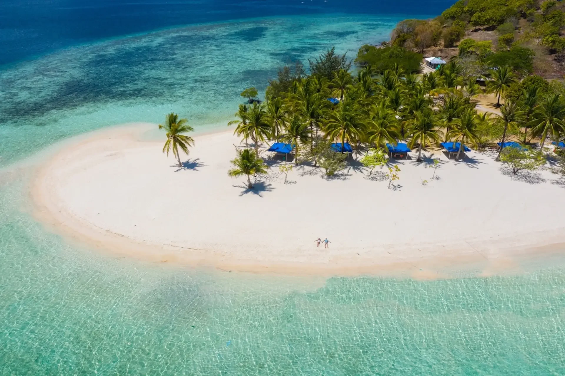 Aerial view of a tropical island with white sandy beach, turquoise water, and palm trees, with two people holding hands walking near the water.
