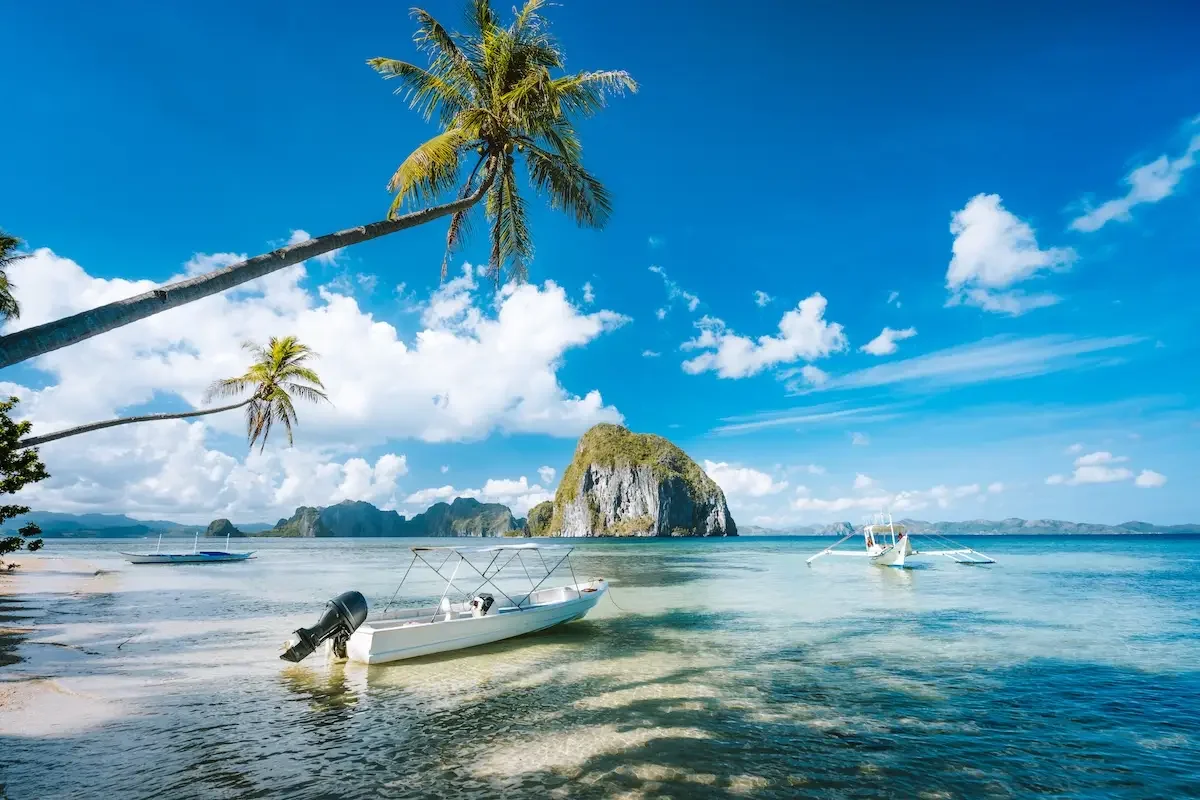 Tropical beach scene with palm trees, clear blue sky, and turquoise water featuring boats and a large rock formation in the background.
