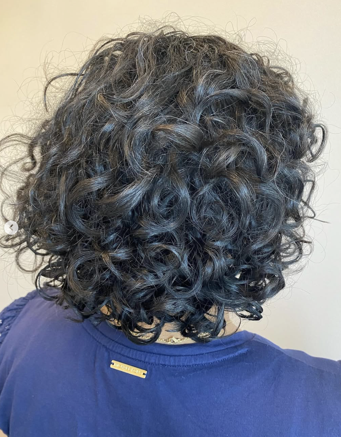 Back view of a person with dark, curly hair wearing a navy blue top with a gold zipper detail at the collar.