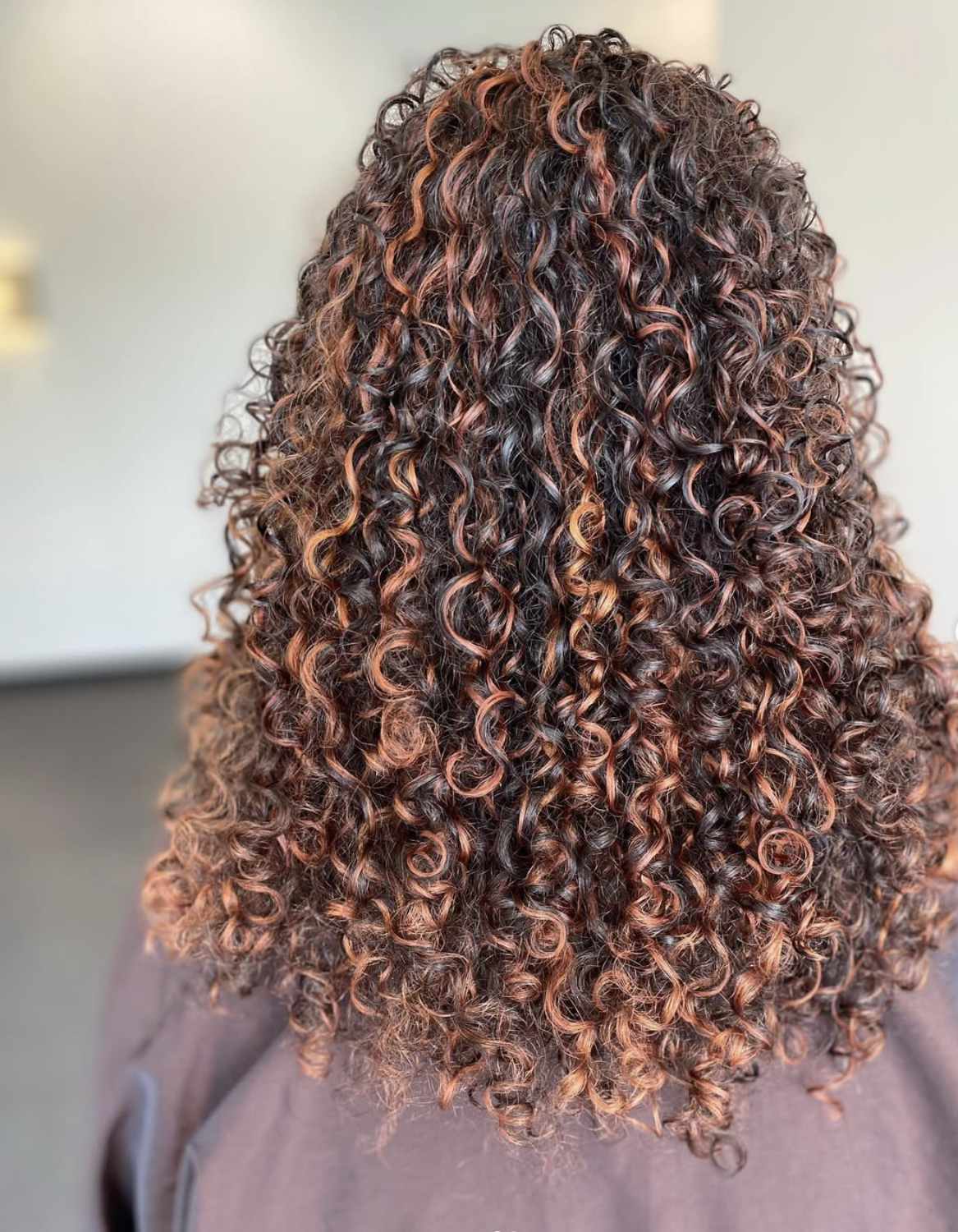 Back view of a woman with shoulder-length, curly hair that is a mix of dark brown and reddish highlights