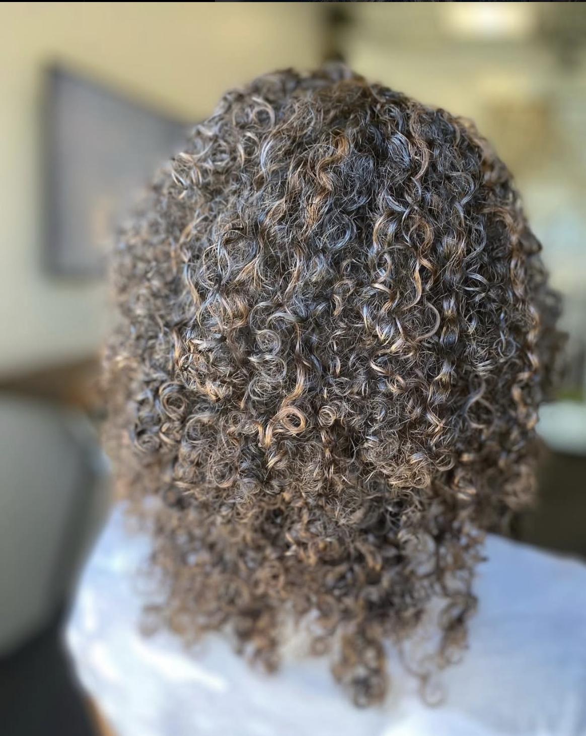 Back of a person's head showcasing shoulder-length curly hair with highlights.
