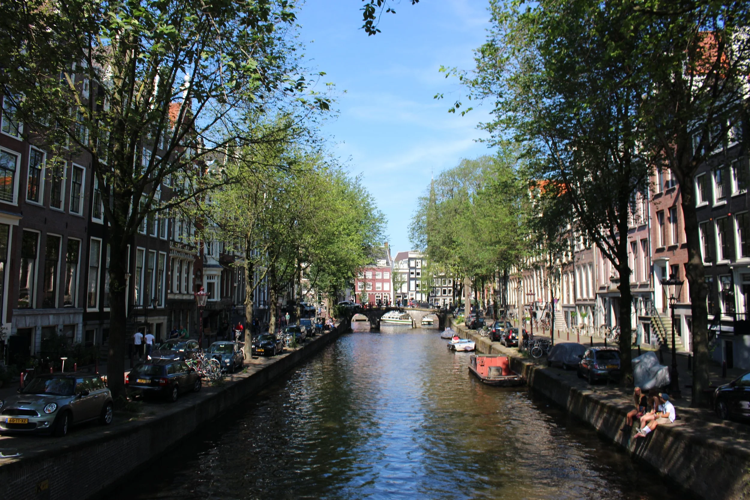 A canal in a city with trees lining both sides, parked cars along the street, and a stone bridge in the distance, typical of Amsterdam.