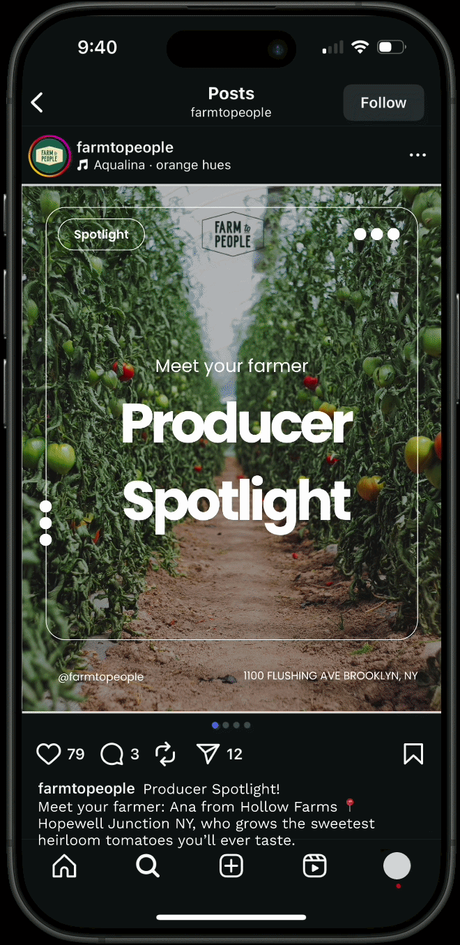 Instagram post from farmtopeople showing a greenhouse filled with tomato plants. Text overlay says "Meet your farmer Producer Spotlight."