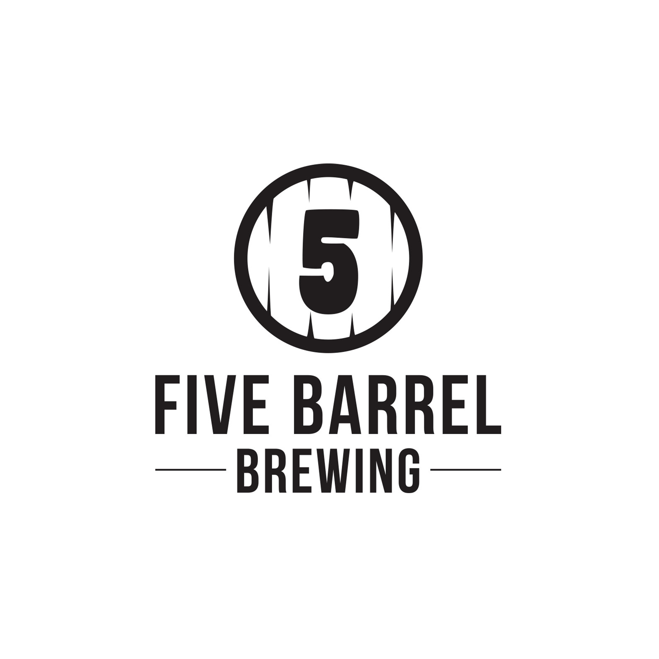 Black logo with a white circle containing a bold number 5 and rays extending outward, with the text "Five Barrel Brewing" underneath.