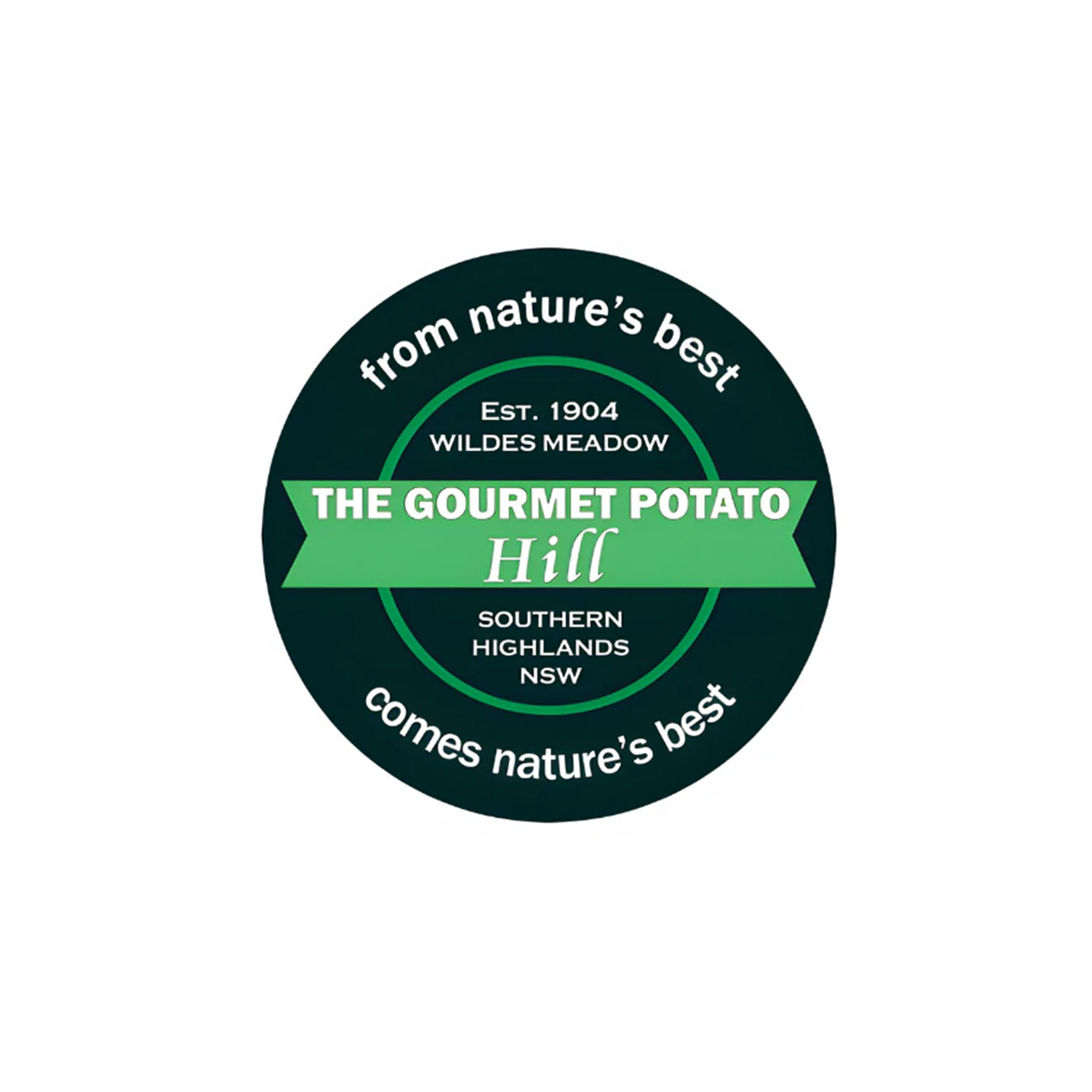 A circular logo with green and black colors, featuring text about the gourmet potato and region names such as the Southern Highlands and NSW, with the phrase 'from nature's best'.