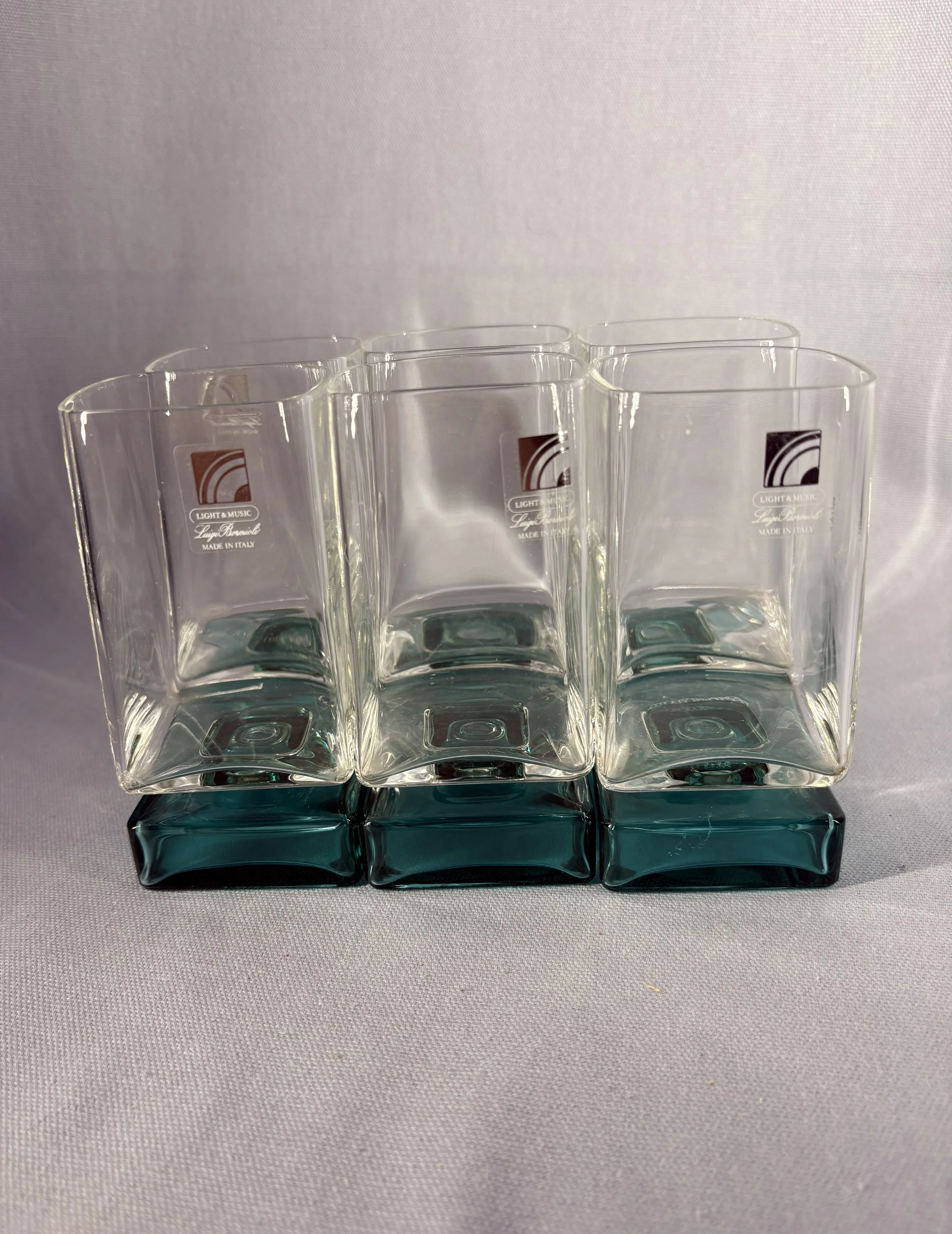 Set of 6 vintage crystal Luigi Bormioli Van Gogh tumblers from the Light and Music series, Square tumbler, Italy 1980s