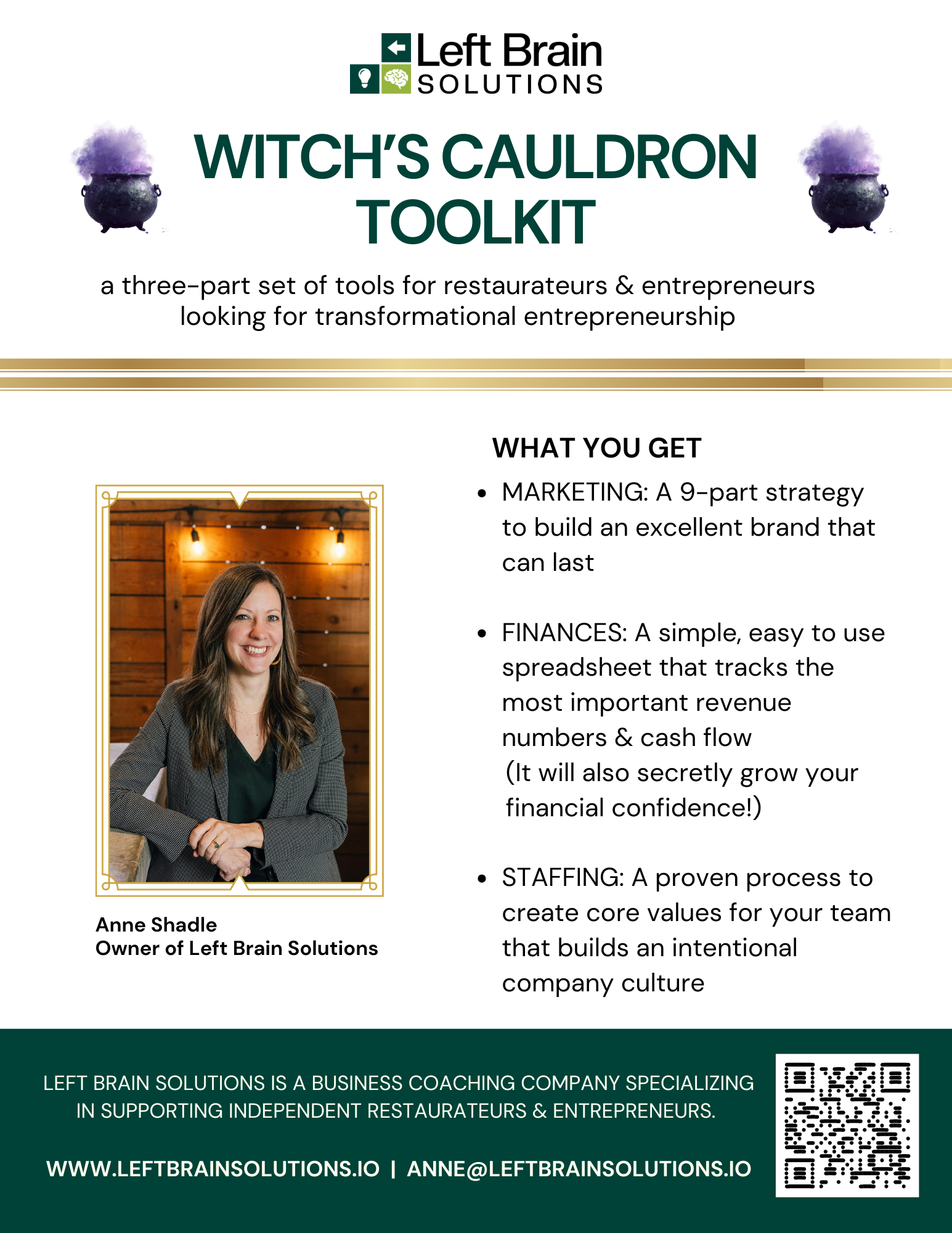 Promotional flyer for Left Brain Solutions, a business coaching company supporting independent restaurateurs and entrepreneurs. Features a woman named Anne Shadle, owner of Left Brain Solutions, with text describing their services including marketing, finances, and staffing strategies. The flyer has a QR code and website link at the bottom.