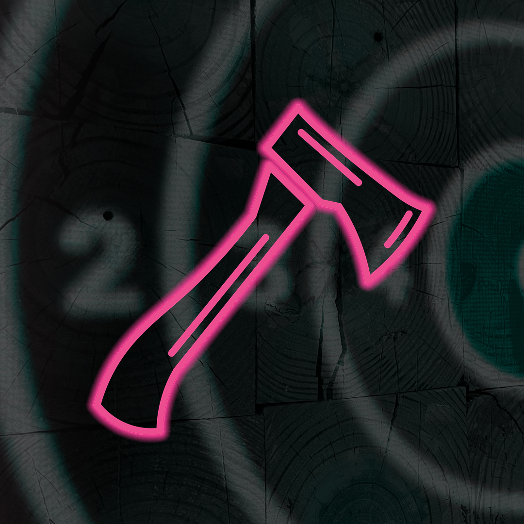 Neon pink outline of an axe against a dark background of stacked logs.