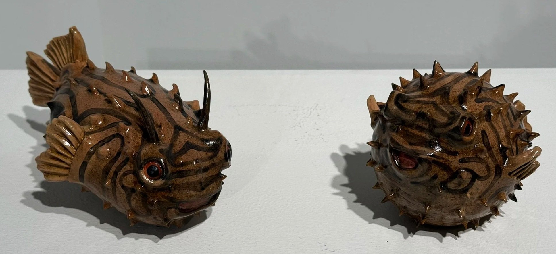 Striped Burrfish (Chilomycterus schoepfi), Δ6 Stoneware, Rutile Stain, Glaze, 4.25" x 14.5" x 7", 2025