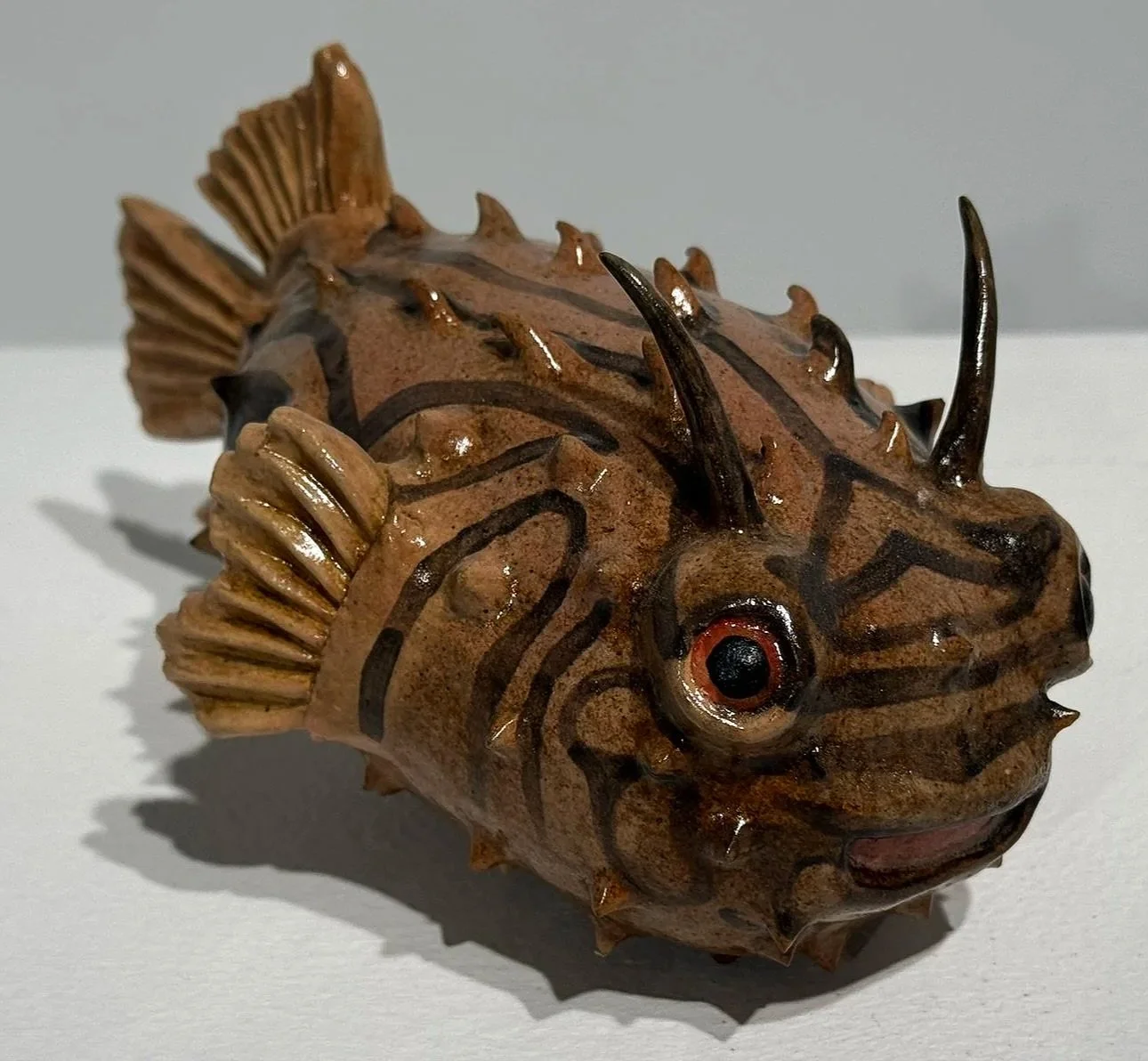 Striped Burrfish (Chilomycterus schoepfi) - Deflated, Δ6 Stoneware, Rutile Stain, Glaze, 4.25" x 7.5" x 5", 2025