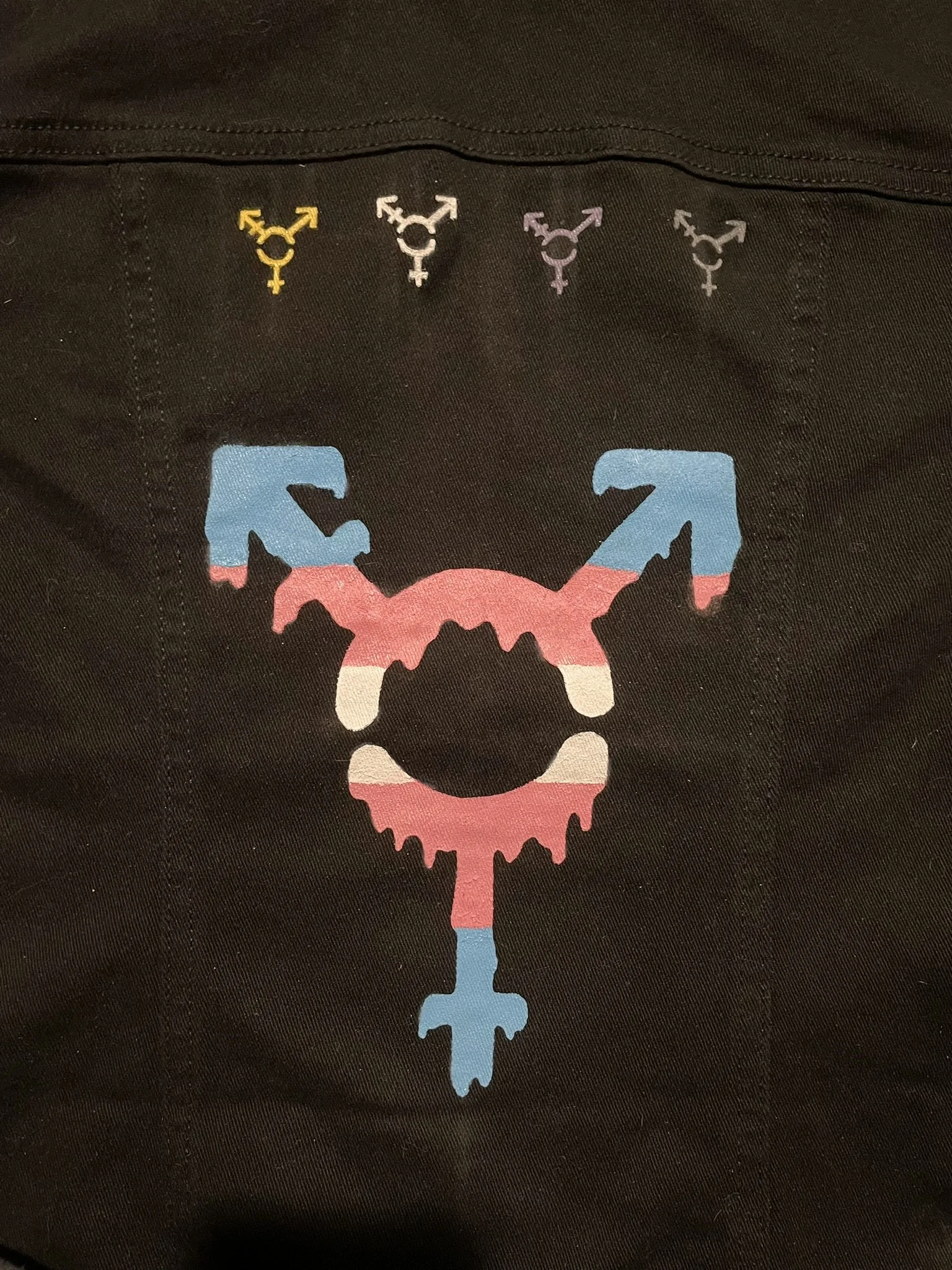 Trans Jacket (Back), Stencil, Denim, Acrylic, 28.5" x 19.5" x 9", 2023