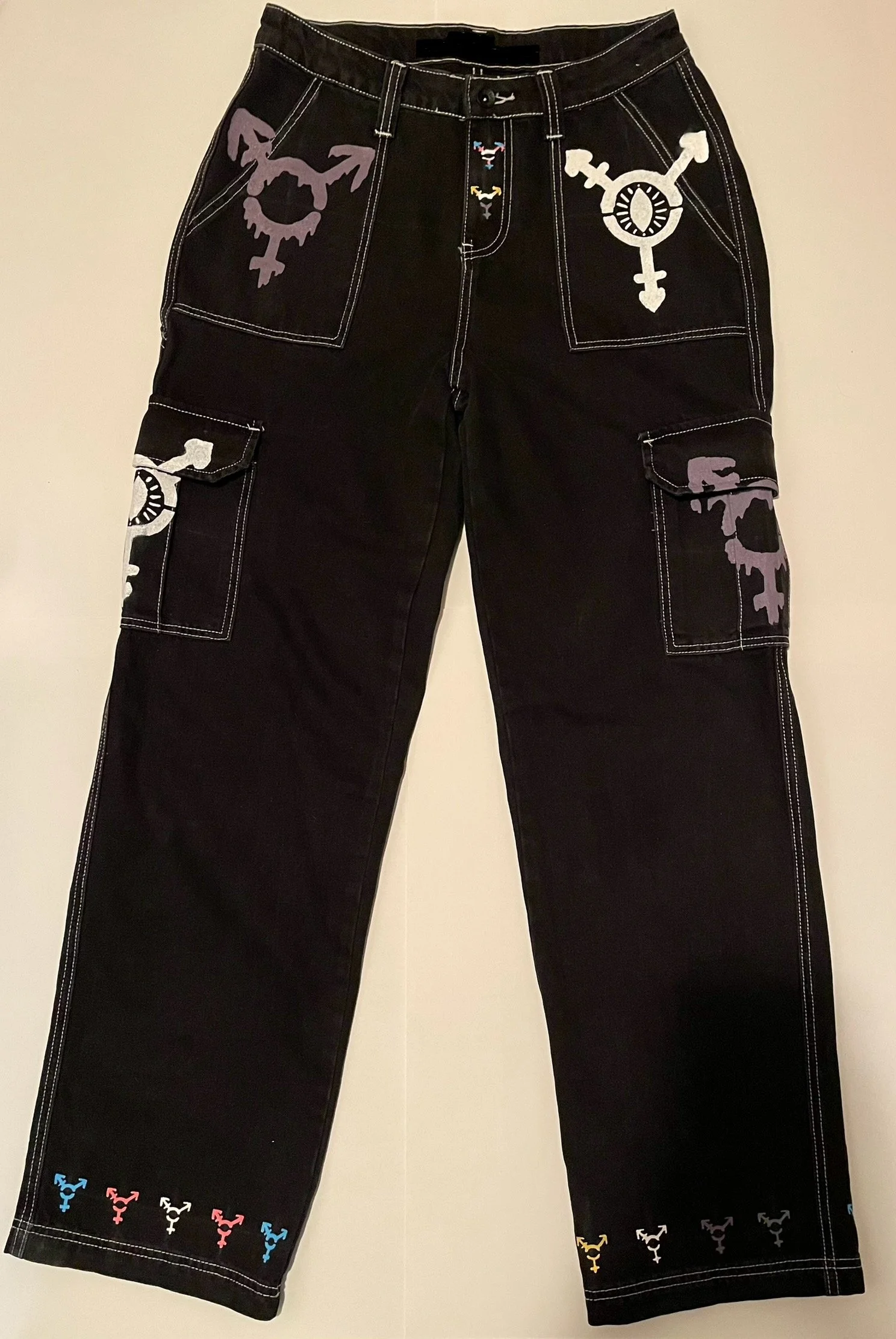 Trans Pants (Front), Stencil, Denim, Acrylic, 41.5" x 15" x 10.5", 2023