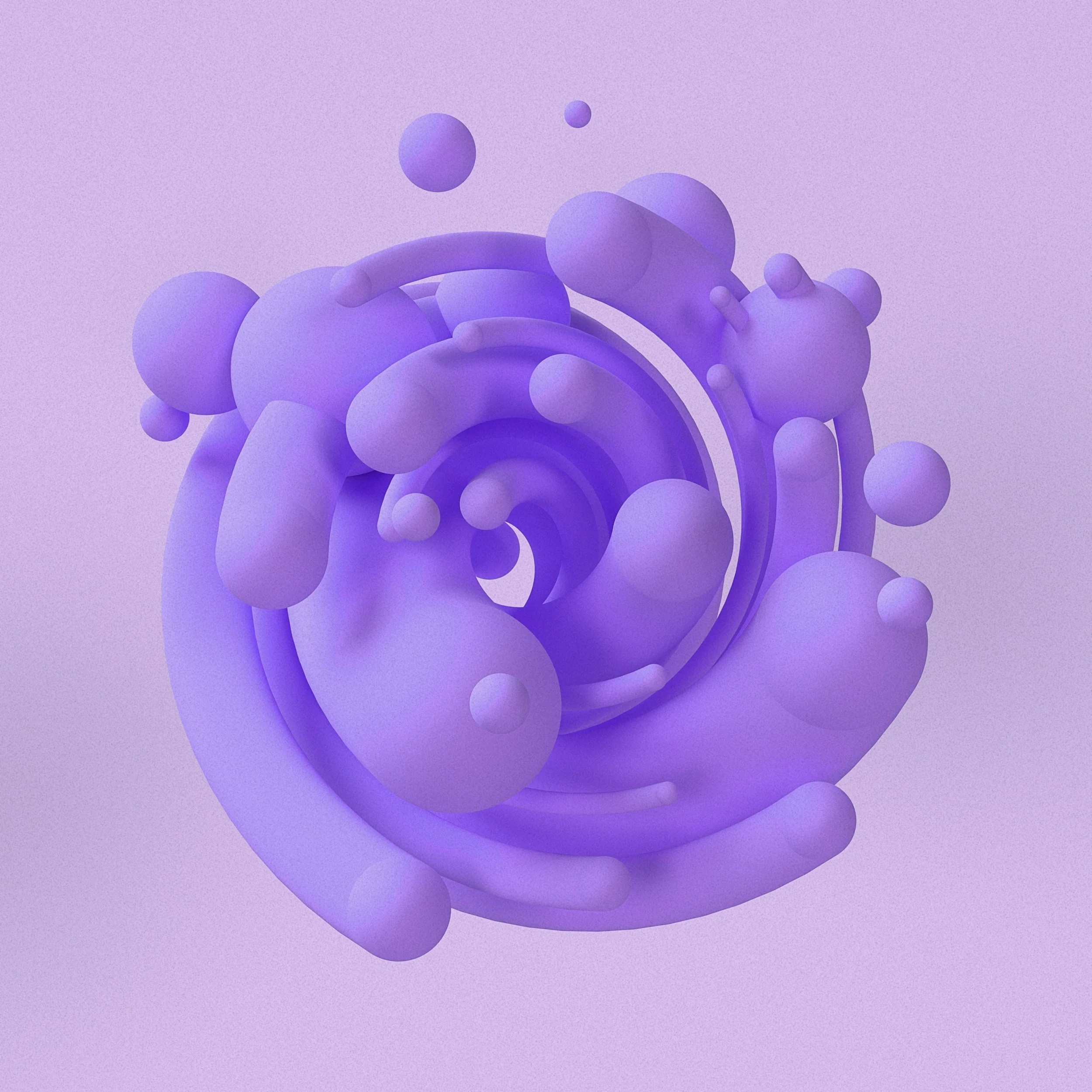 Abstract digital art featuring purple and lilac-colored swirling 3D shapes and spheres against a matching background.