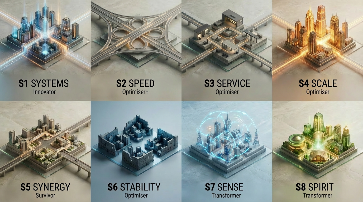 Example of a Stravus 8S model diagnostic snapshot showing uneven maturity across eight business dimensions: Systems, Speed, Service, Scale, Synergy, Stability, Sense, and Spirit.