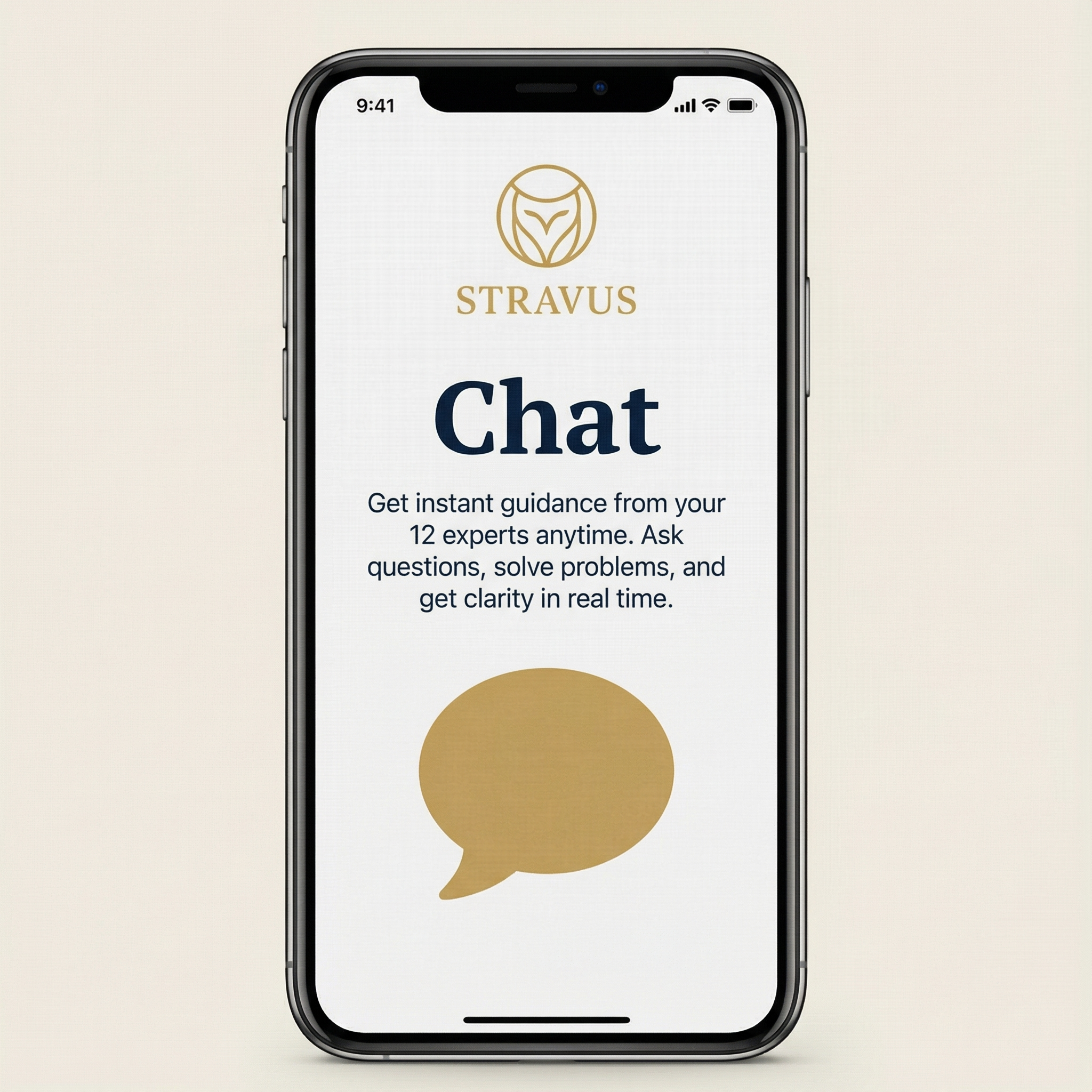 Stravus app chat screen showing on-demand strategic advice from 12 business experts for SMEs