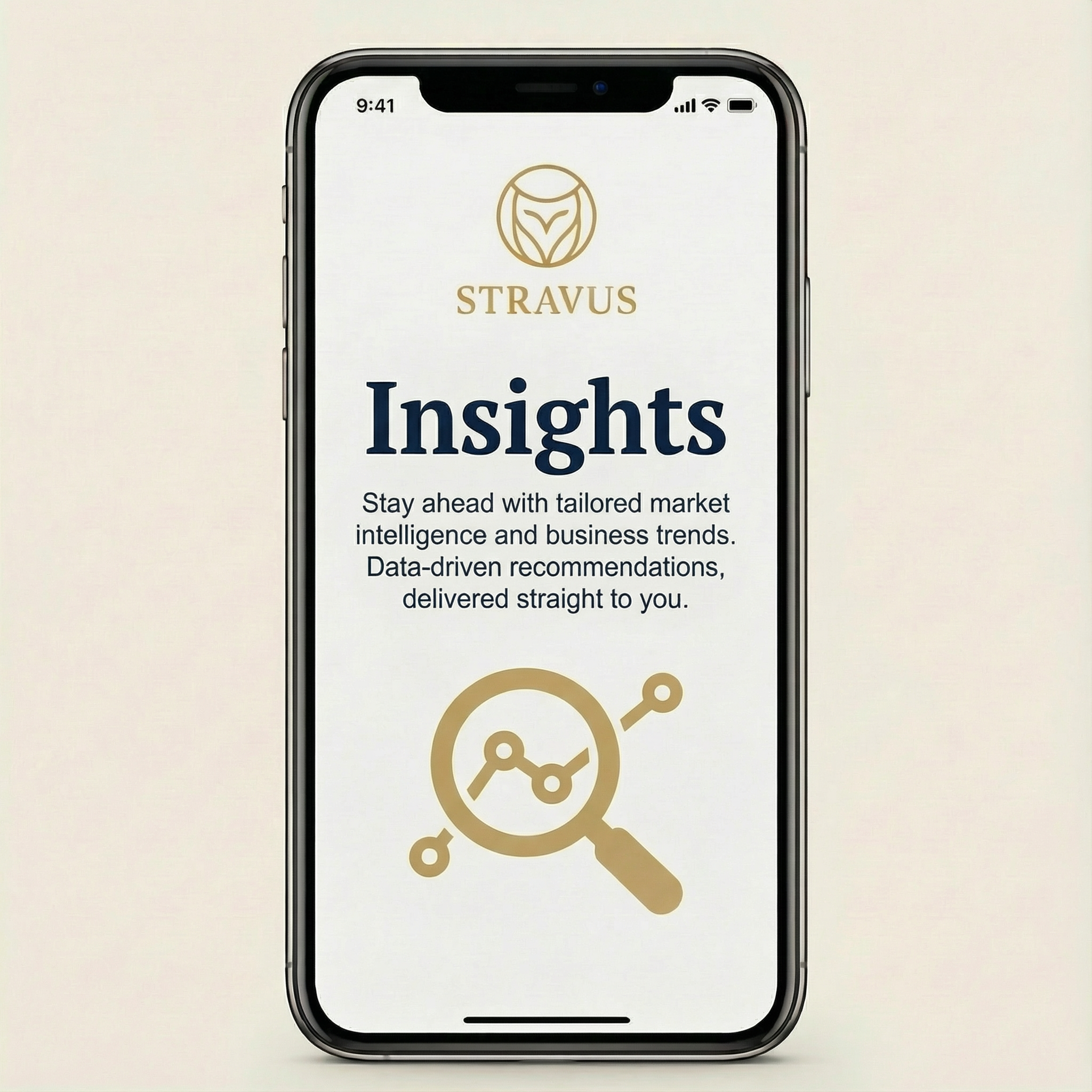 Stravus app insights feature displaying tailored business trends and market intelligence for SMEs.