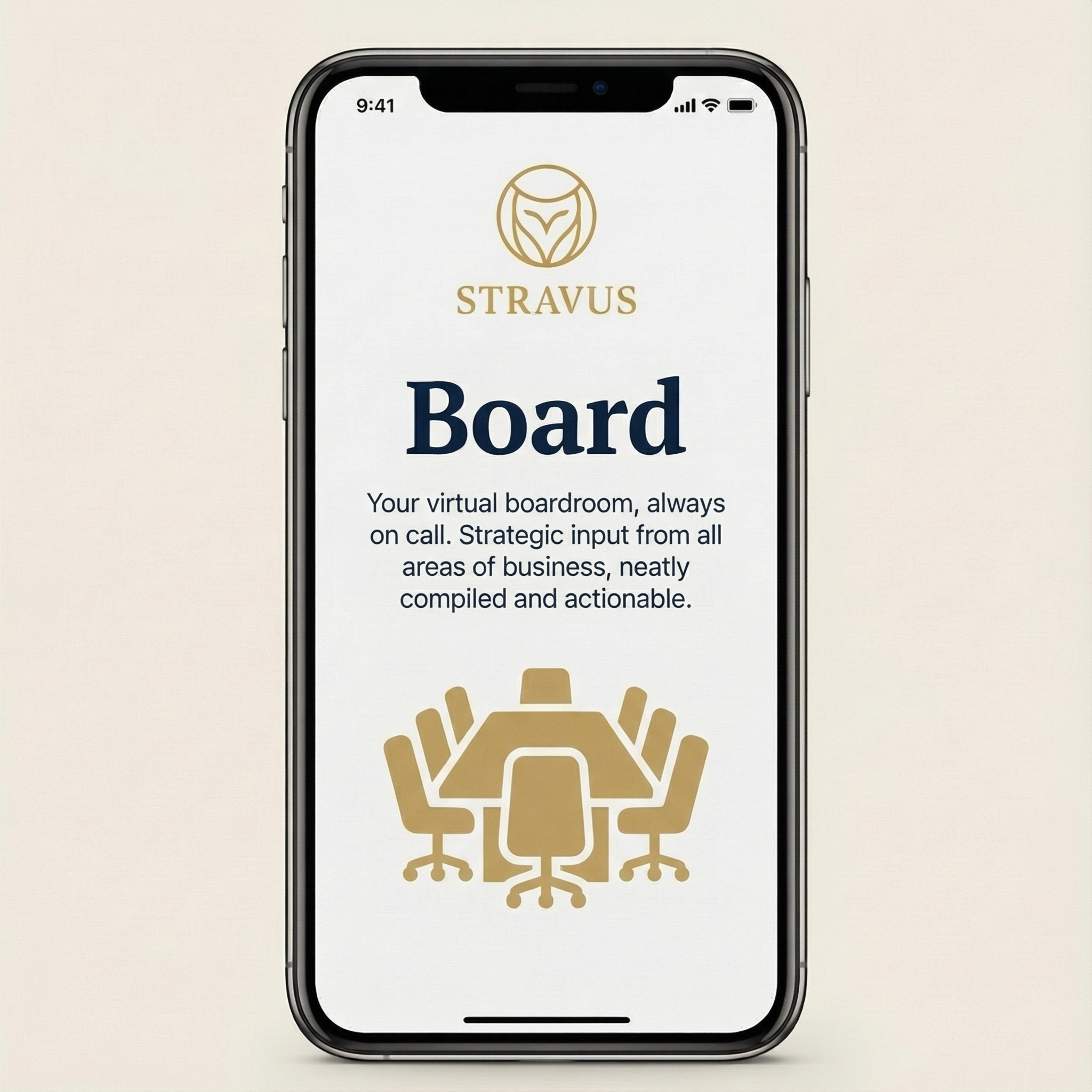 Virtual boardroom in the Stravus app delivering strategic guidance across finance, growth, operations, and exit