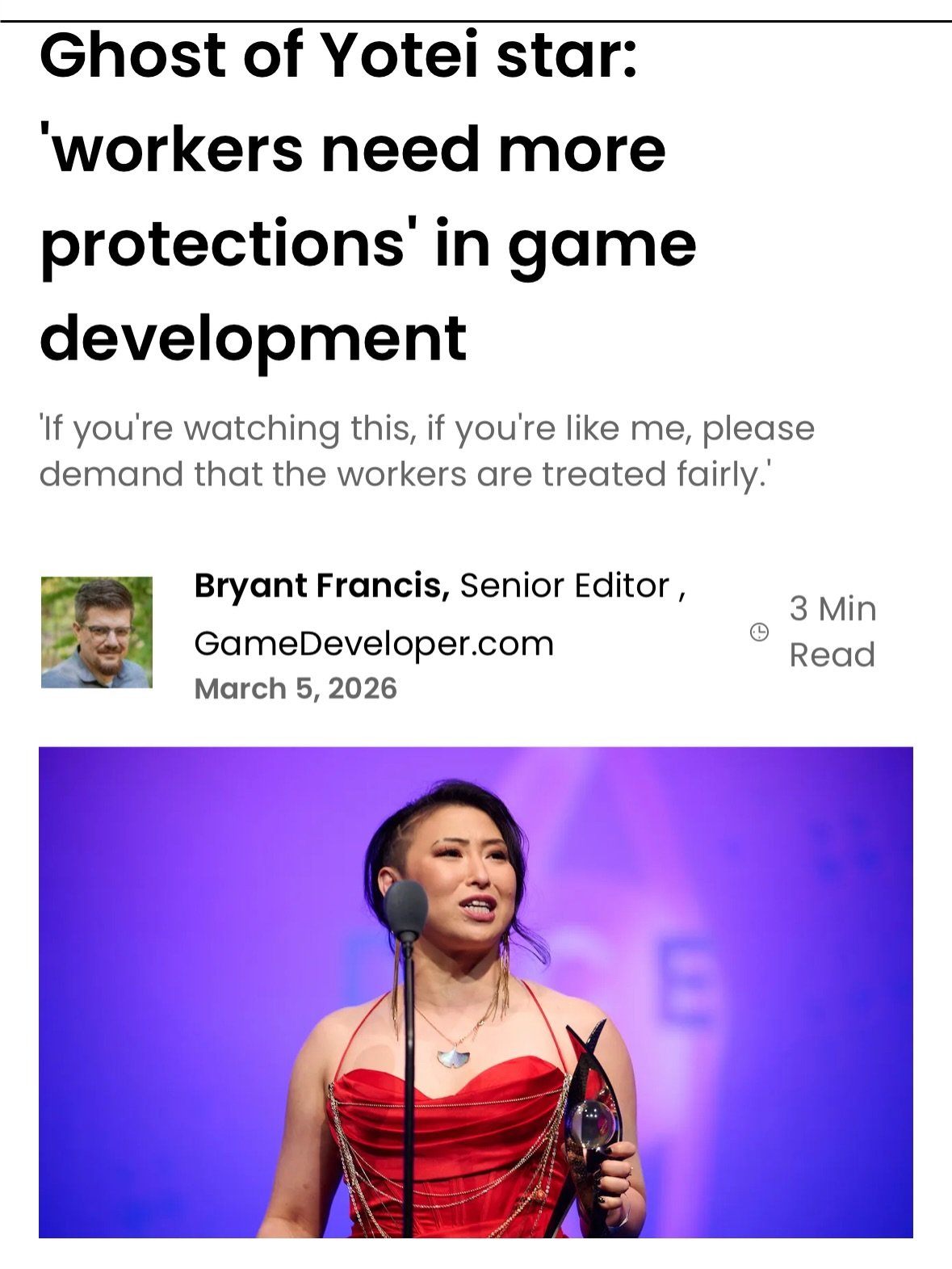 I love games and so many of the people who make them. It was an honor to accept the award on behalf of the @suckerpunchprod team and a privilege to be able to speak to what I believe in. &hearts;️

📸 @official_aias @pandorica_headshot_studio 
💇🏻&z