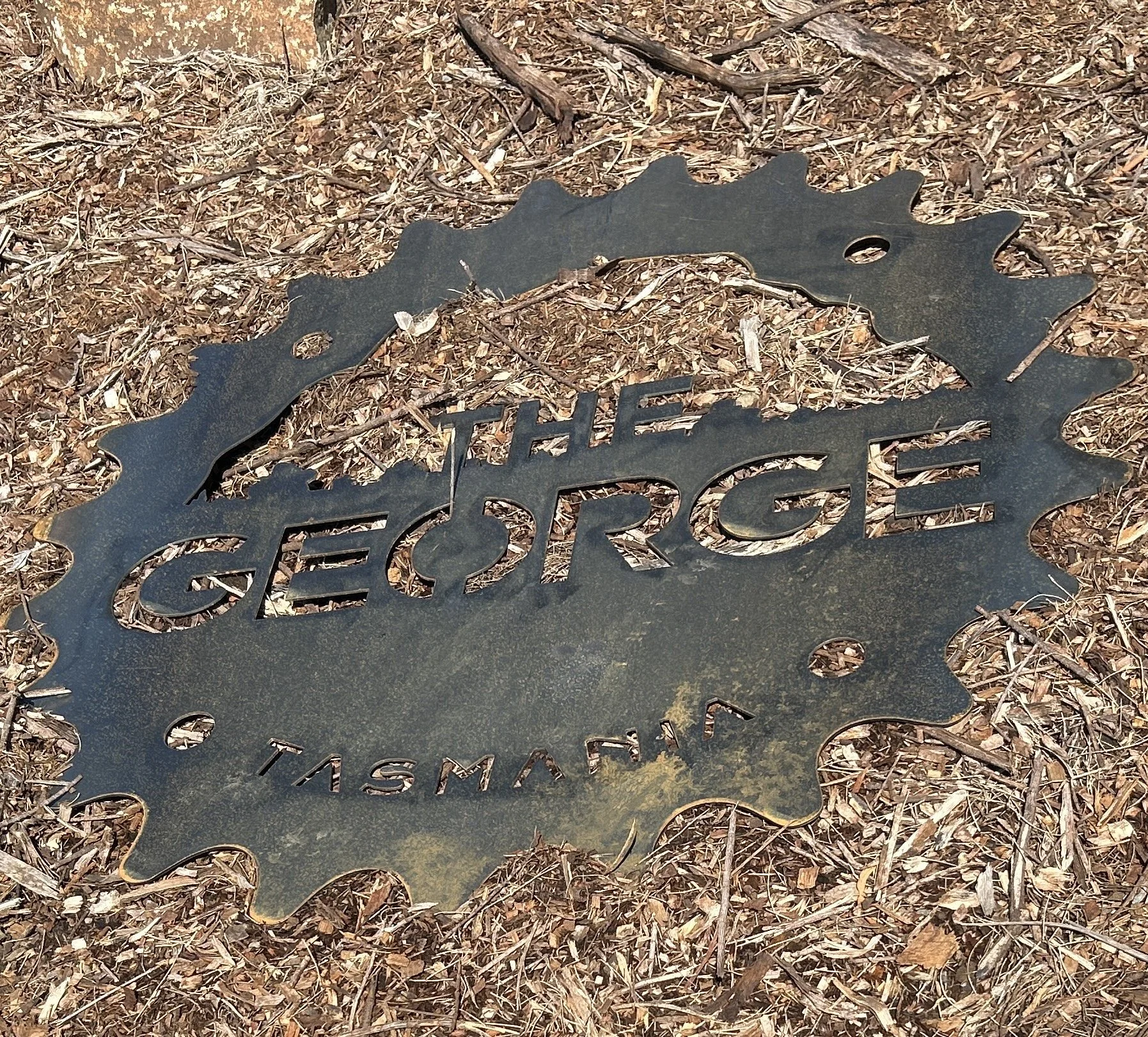 A metal sign shaped like a gear with the words "The Gorge Tasma" cut out, lying on the ground surrounded by dirt and small plant debris.