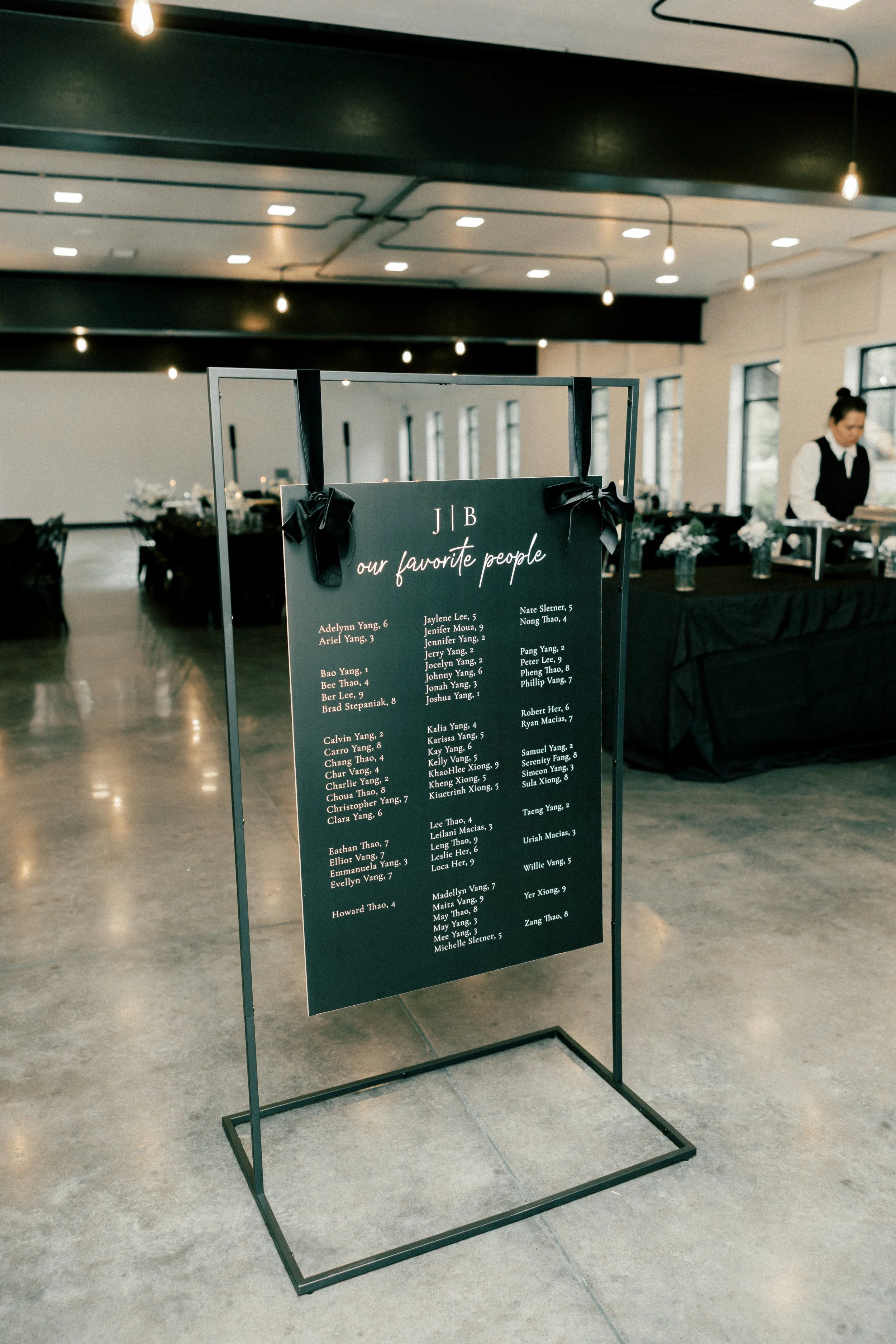 Black seating chart poster board with white lettering hanging from a black stand