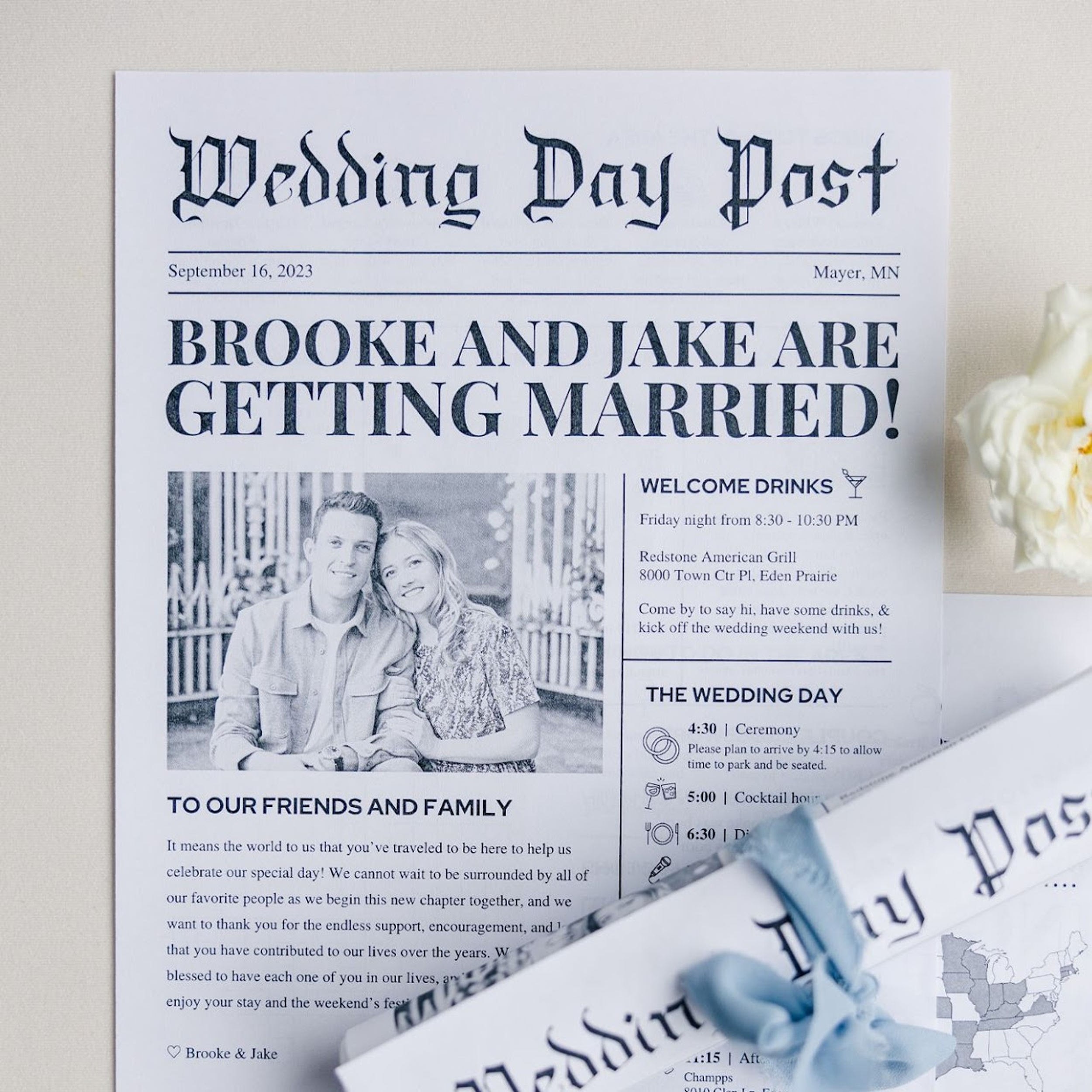 A wedding announcement poster for Brooke and Jake's wedding, scheduled for September 16, 2023. The poster includes a black-and-white photo of the couple, details about welcome drinks, the ceremony at 4:30 PM, and a reception at 6:30 PM. There is a sm