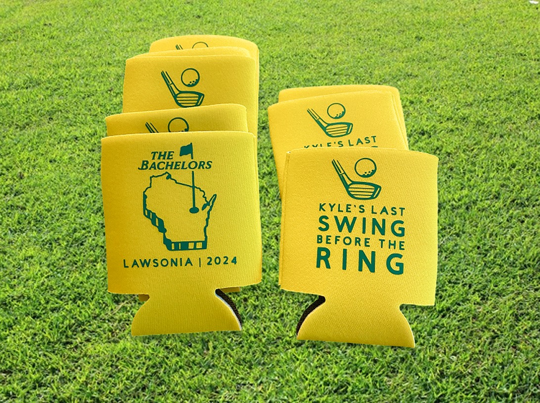 Yellow koozies laying on grass that read "Kyle's last swing before the ring".