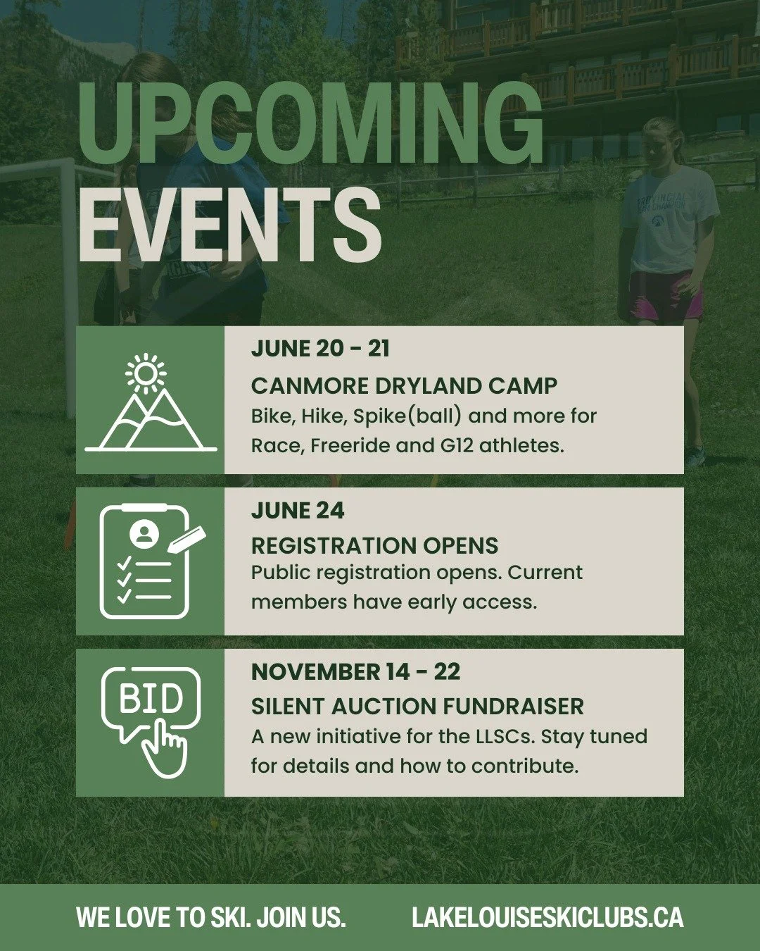 We are another step closer to ski season!⁠
⁠
Here's whats coming up for the Lake Louise Ski Clubs. Mark your calendars and keep an eye on your emails to stay connected on all the latest updates. ⁠
⁠
Can't wait to see you soon. 💚⁠
⁠
#lakelouiseskiclu