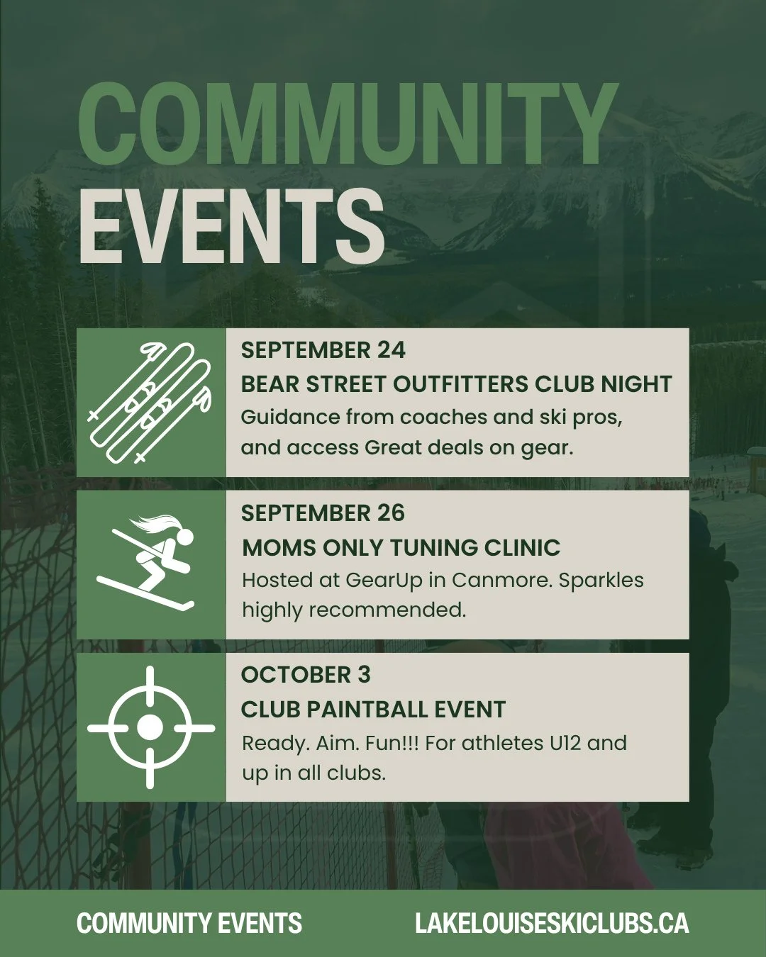 A few great community events are coming up! Save the dates for another club night, our MOMS ONLY Ski Tuning Clinic, gear deals, and a little paintball fun!  Check your club communications for full details and registration. for individual events! ⁠
⁠
