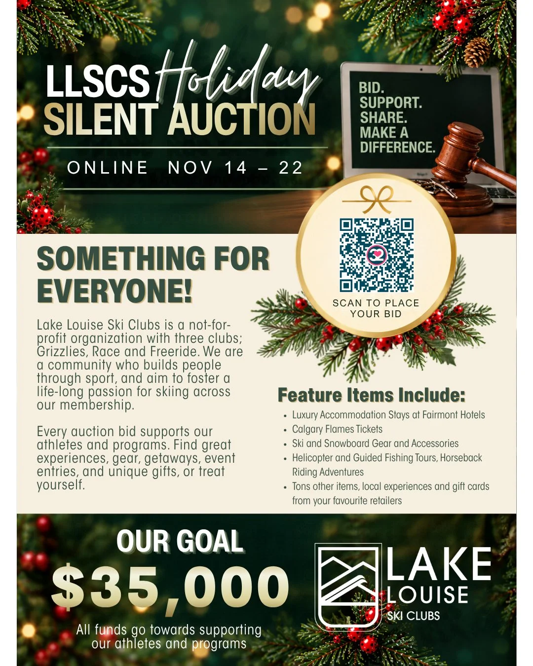 Something for Everyone! The LLSCS Holiday Silent Auction is Coming!⁠
⁠
We're excited to announce the first-ever Lake Louise Ski Clubs Holiday Silent Auction, running November 14&ndash;22!⁠
⁠
With an incredible selection of items up for grabs, there's