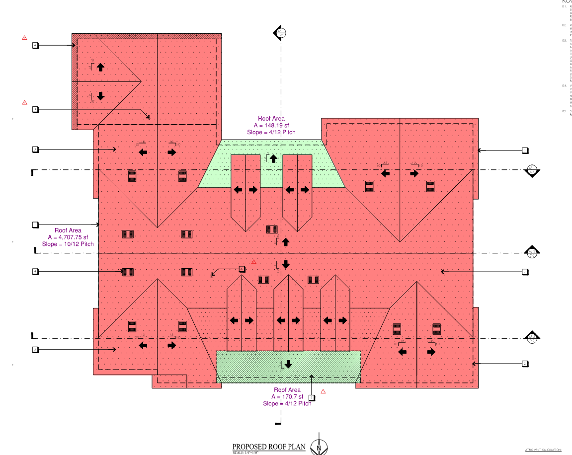 Architectural roof plan showing various roof sections in red and green, with annotations for roof areas and slopes, and symbols for vents, chimneys, and other roof features.