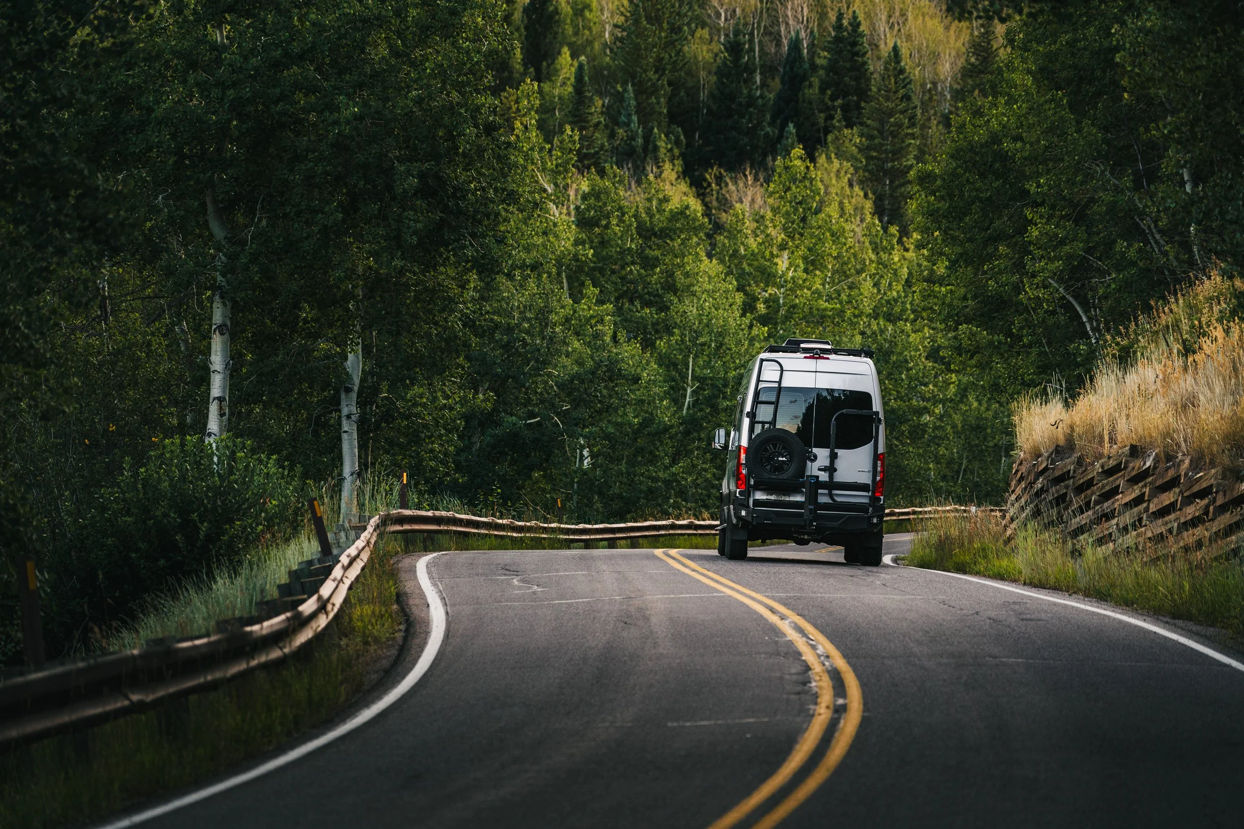 A silver Sprinter van driving on a winding mountain road surrounded by green trees and foliage.