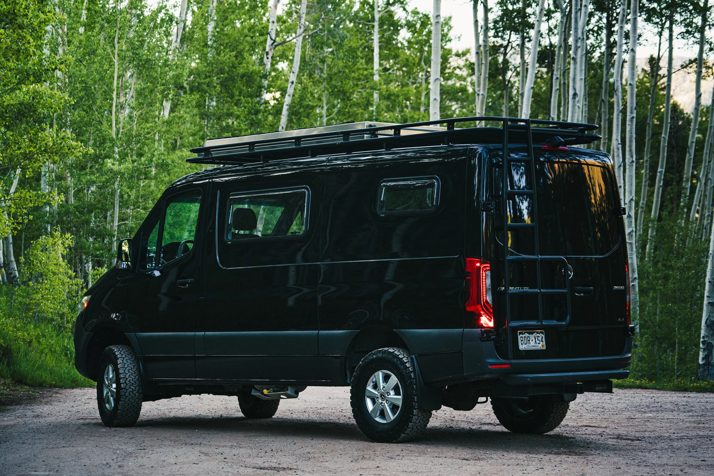 Black camper van parked on a dirt road in a forested area with tall trees and green foliage.