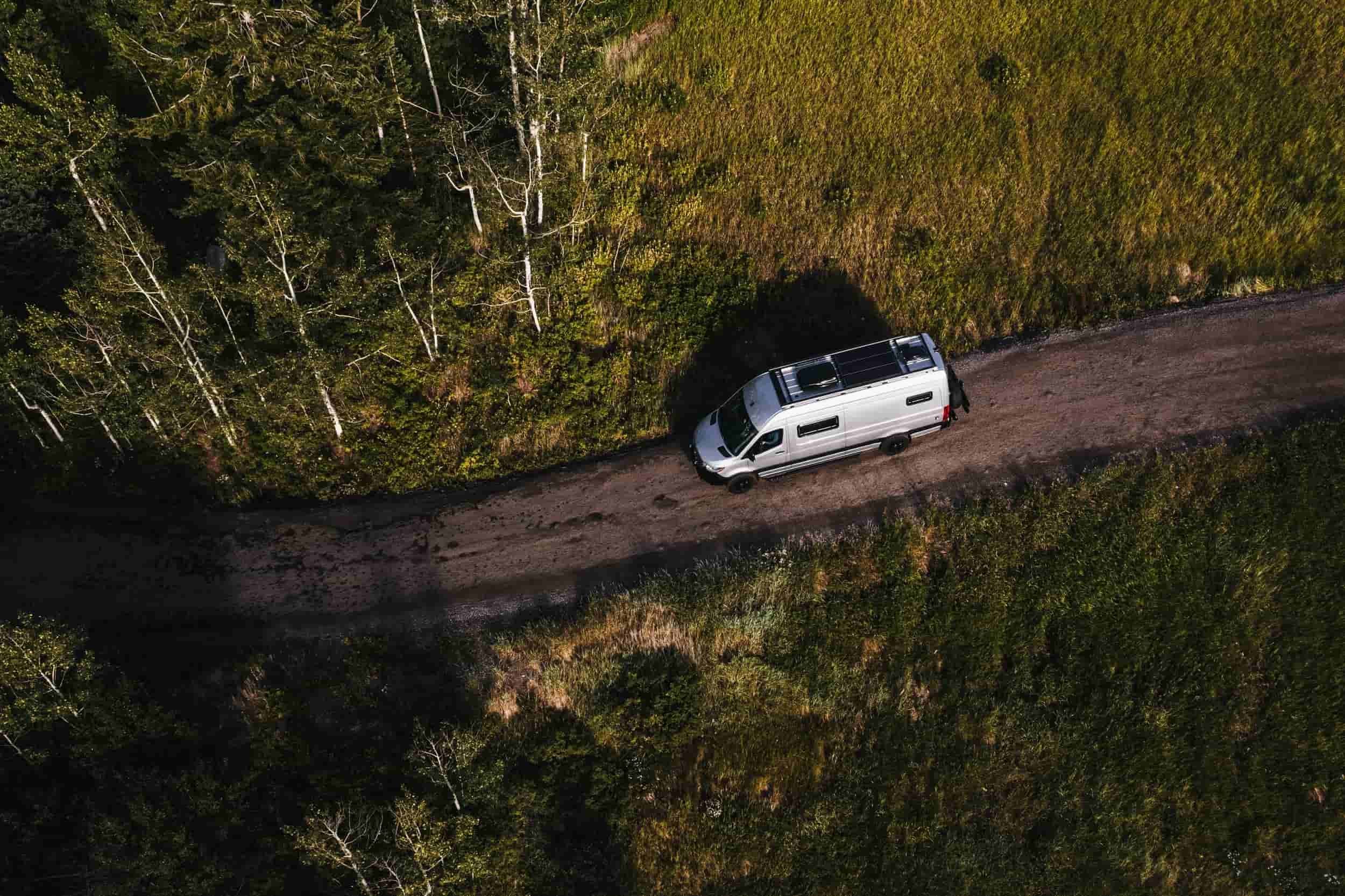 Aerial view of a Sprinter van on a Colorado off-road trail — White River Overland service and maintenance