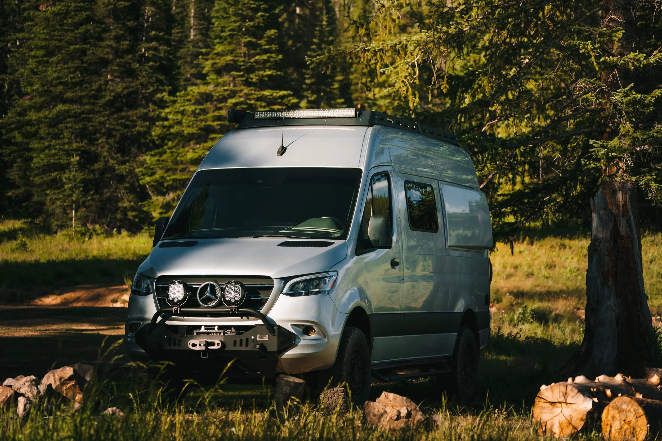 Silver Mercedes-Benz camper van parked in a forest clearing with trees and grass surrounding it.