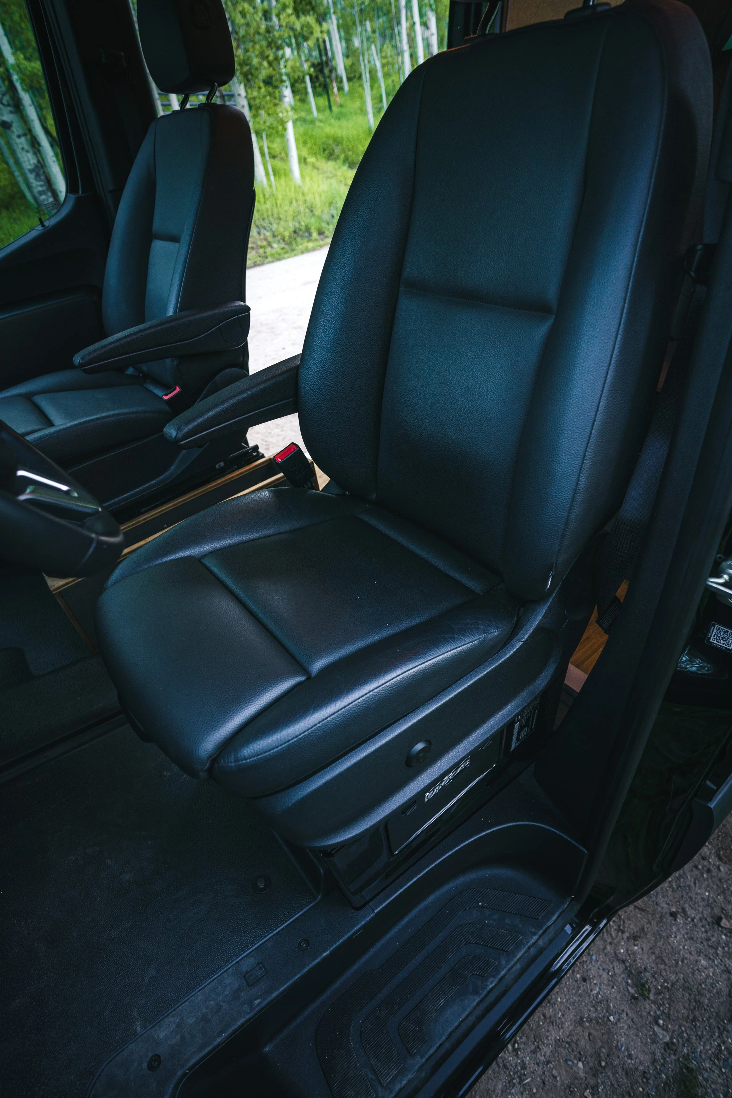 Close-up of two black leather seats in a vehicle, with the background showing a dirt ground and green trees.