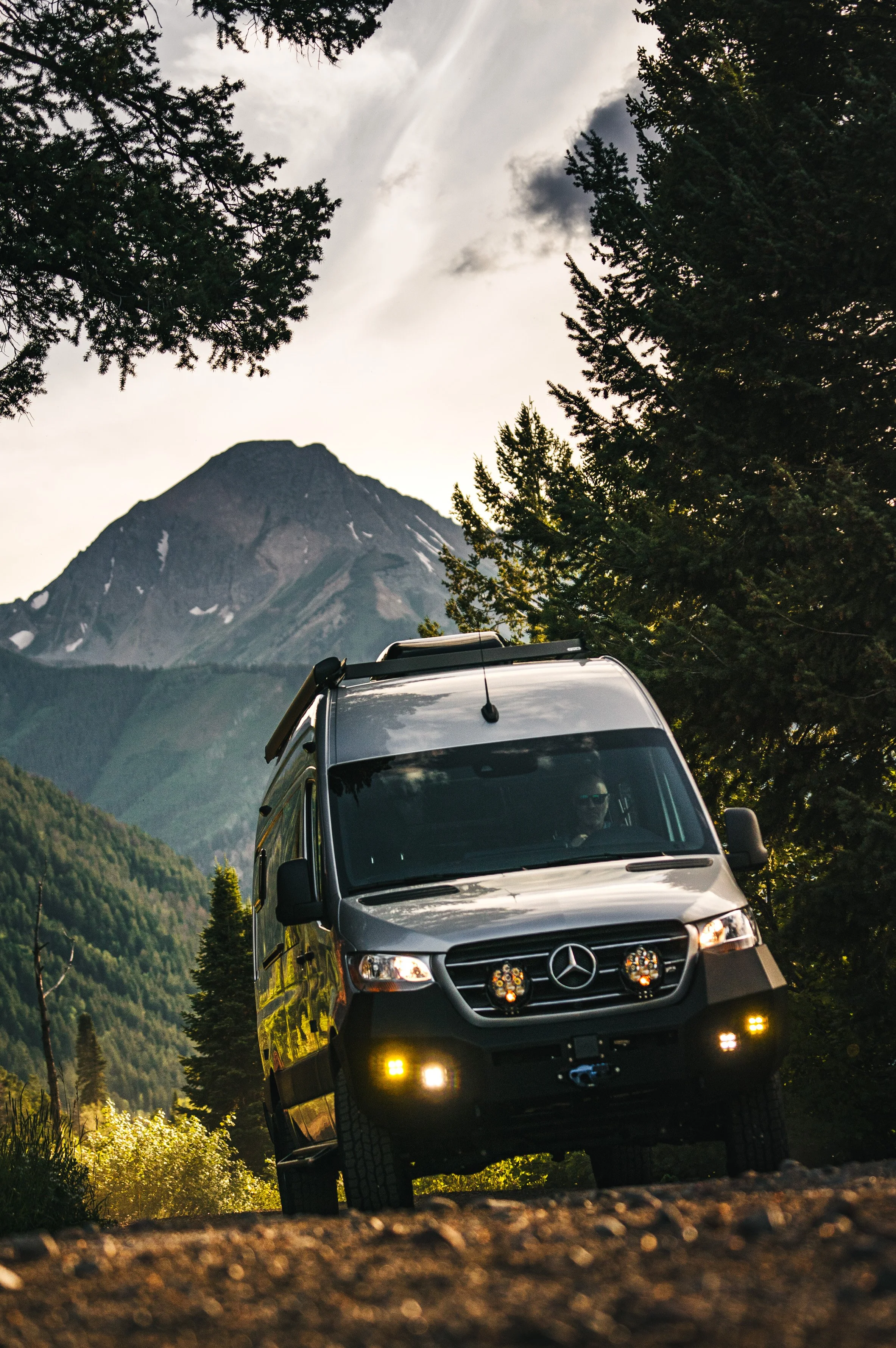 Silver Mercedes-Benz van parked on a dirt trail surrounded by pine trees with mountain peaks in the background under a cloudy sky.