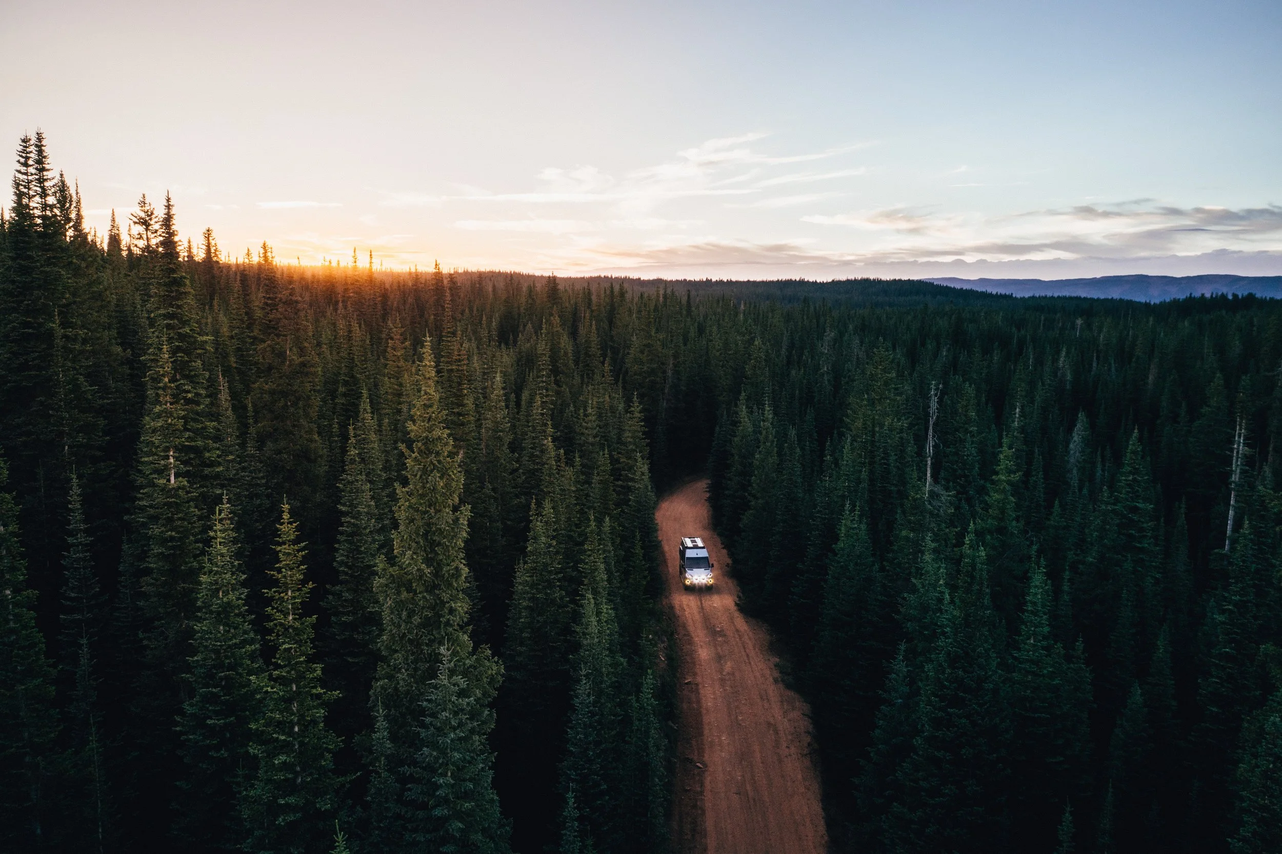 A silver van driving down a dirt road surrounded by dense green pine forest at sunset.