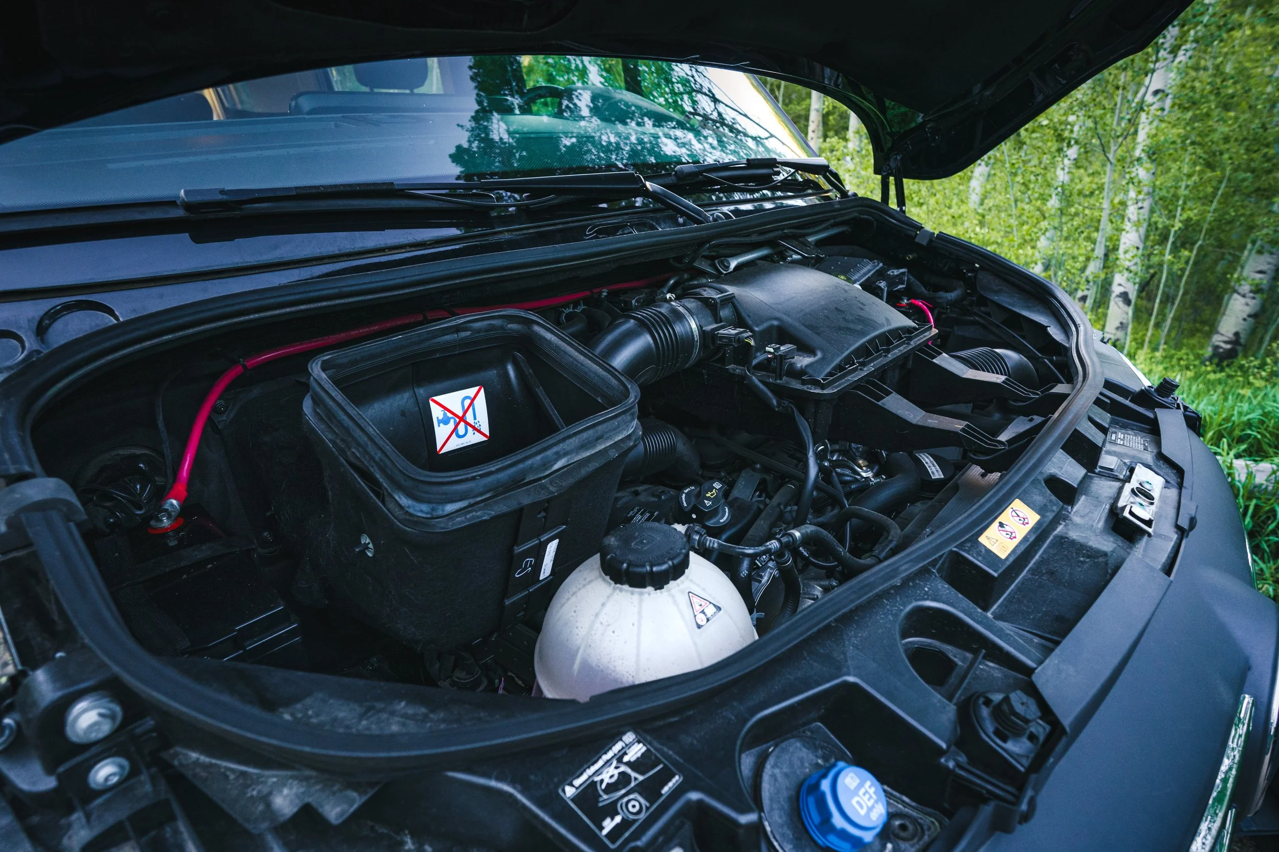 Car engine with open hood surrounded by green trees and grass.