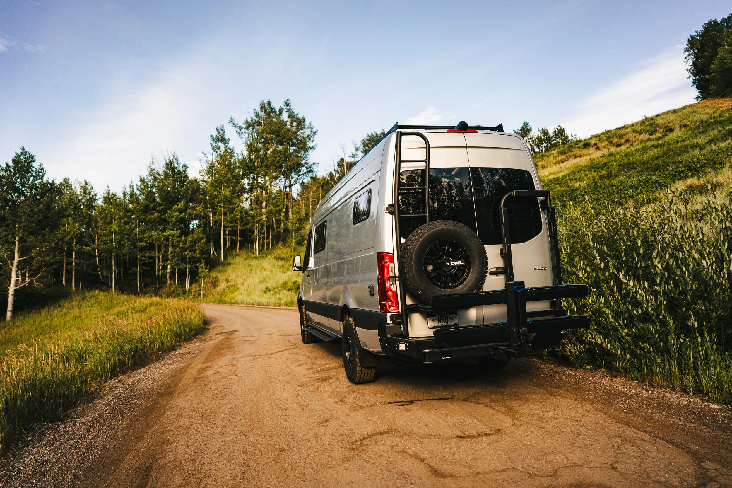 Silver Sprinter van parked on a dirt road surrounded by green trees and grass, with a clear blue sky above.