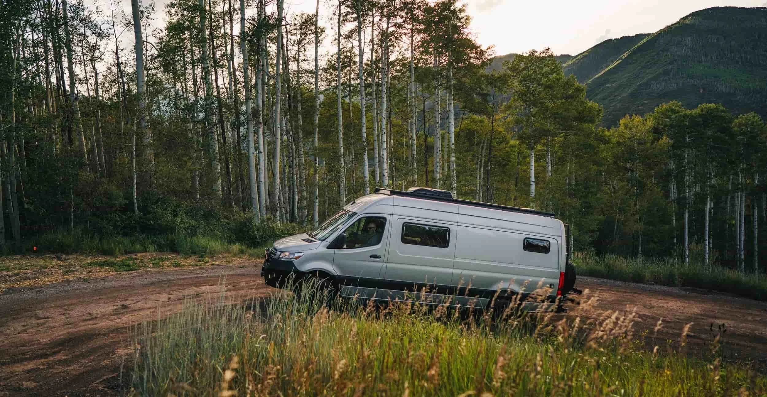 Custom Sprinter van on an off-road trail in Colorado