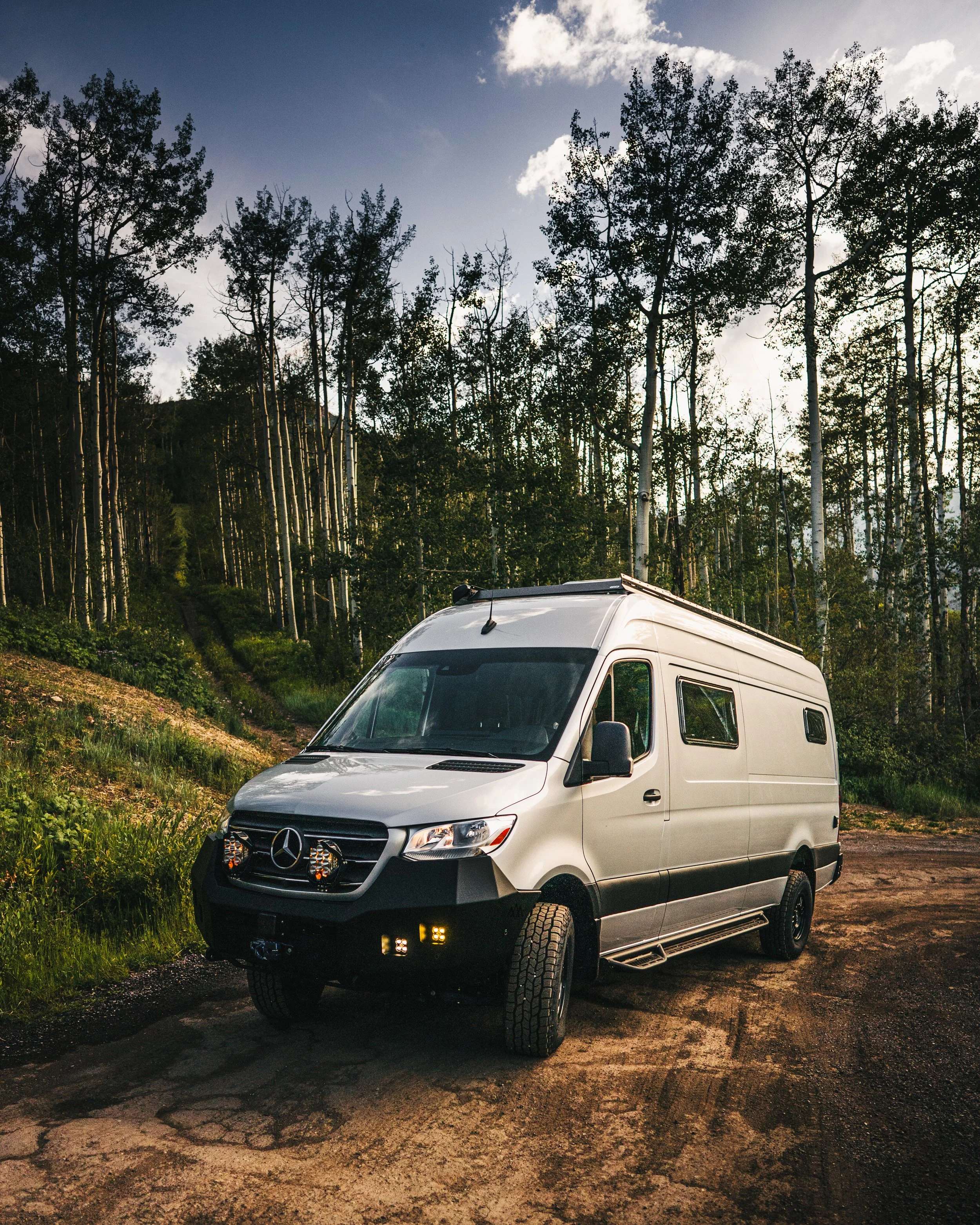 A silver Mercedes-Benz Sprinter camper van parked on a dirt road in a forested area with tall trees and a partly cloudy sky.