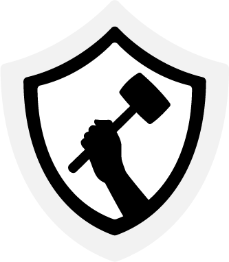 A shield emblem with a hand gripping a hammer.