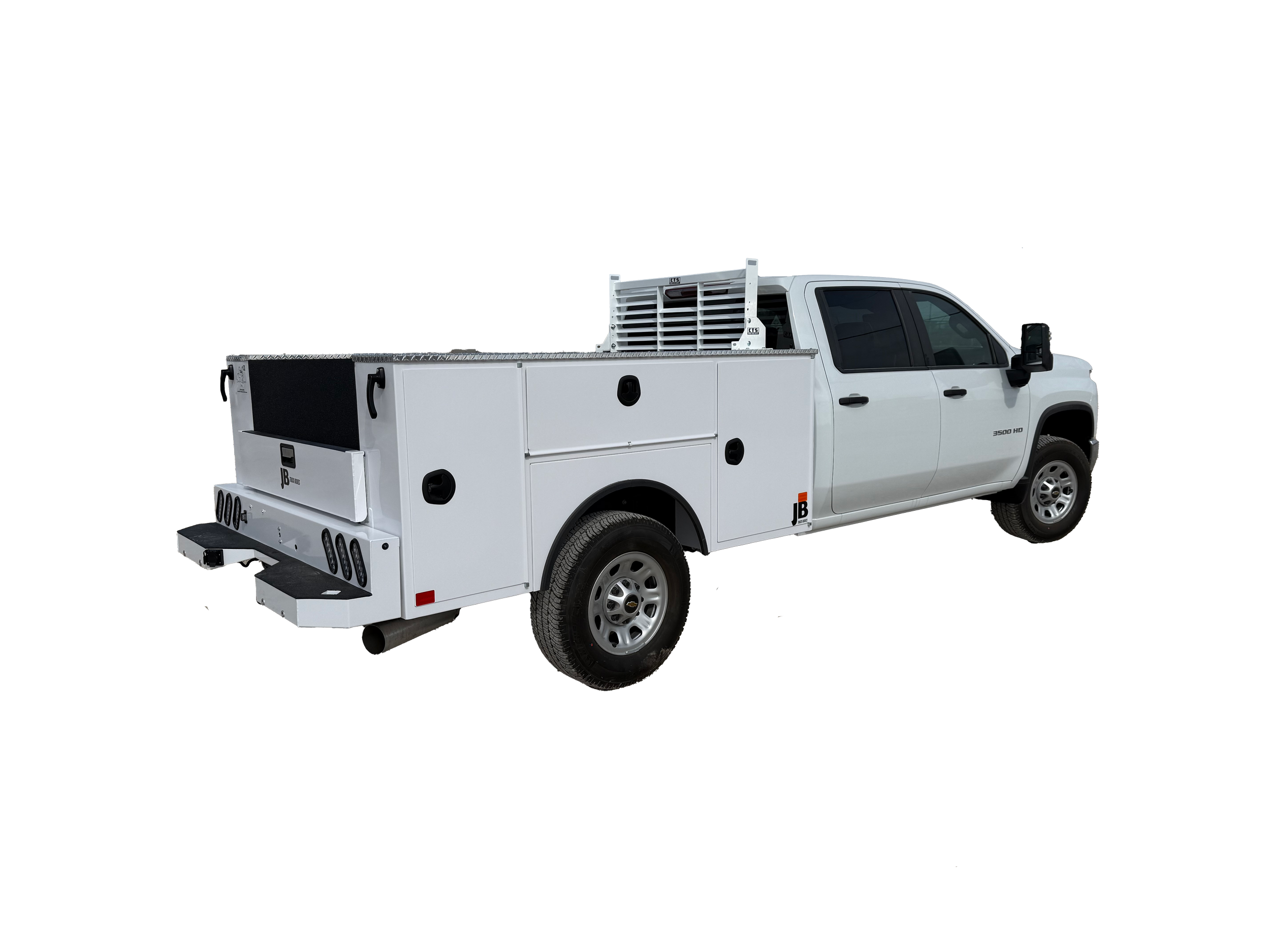 White utility truck with multiple storage compartments, black handles, and a ladder rack on top, used for maintenance or service work.